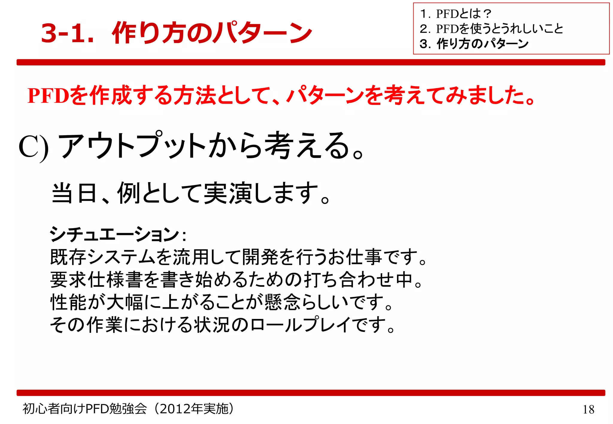 18初心者向けPFD勉強会（2012年実施）
C) アウトプットから考える。
PFDを作成する方法として、パターンを考えてみました。
3-1．作り方のパターン
当日、例として実演します。
シチュエーション：
既存システムを流用して開発を行うお仕事です。
要求仕様書を書き始めるための打ち合わせ中。
性能が大幅に上がることが懸念らしいです。
その作業における状況のロールプレイです。
１．PFDとは？
２．PFDを使うとうれしいこと
３．作り方のパターン
 
