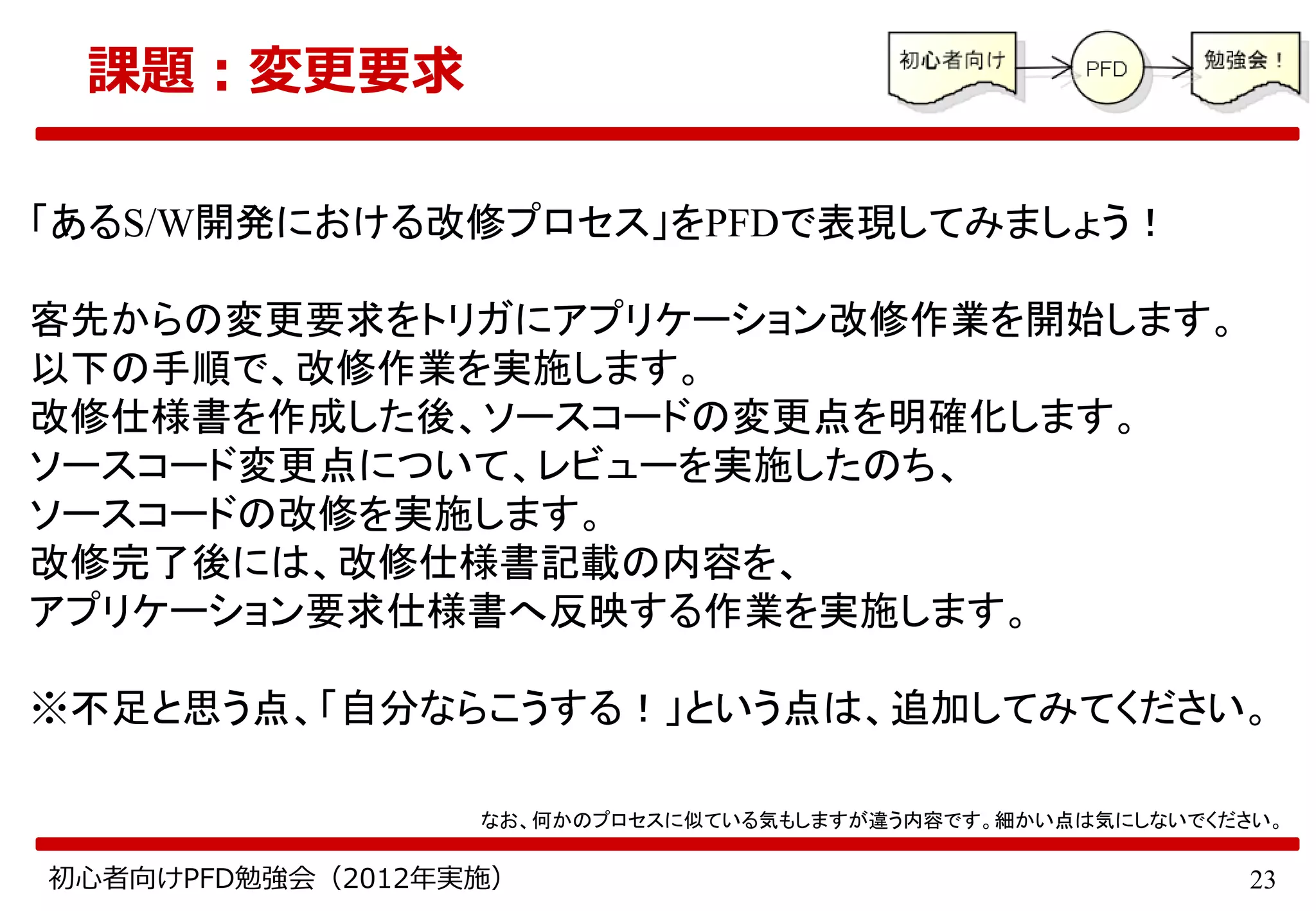 23初心者向けPFD勉強会（2012年実施）
課題：変更要求
「あるS/W開発における改修プロセス」をPFDで表現してみましょう！
客先からの変更要求をトリガにアプリケーション改修作業を開始します。
以下の手順で、改修作業を実施します。
改修仕様書を作成した後、ソースコードの変更点を明確化します。
ソースコード変更点について、レビューを実施したのち、
ソースコードの改修を実施します。
改修完了後には、改修仕様書記載の内容を、
アプリケーション要求仕様書へ反映する作業を実施します。
※不足と思う点、「自分ならこうする！」という点は、追加してみてください。
なお、何かのプロセスに似ている気もしますが違う内容です。細かい点は気にしないでください。
 