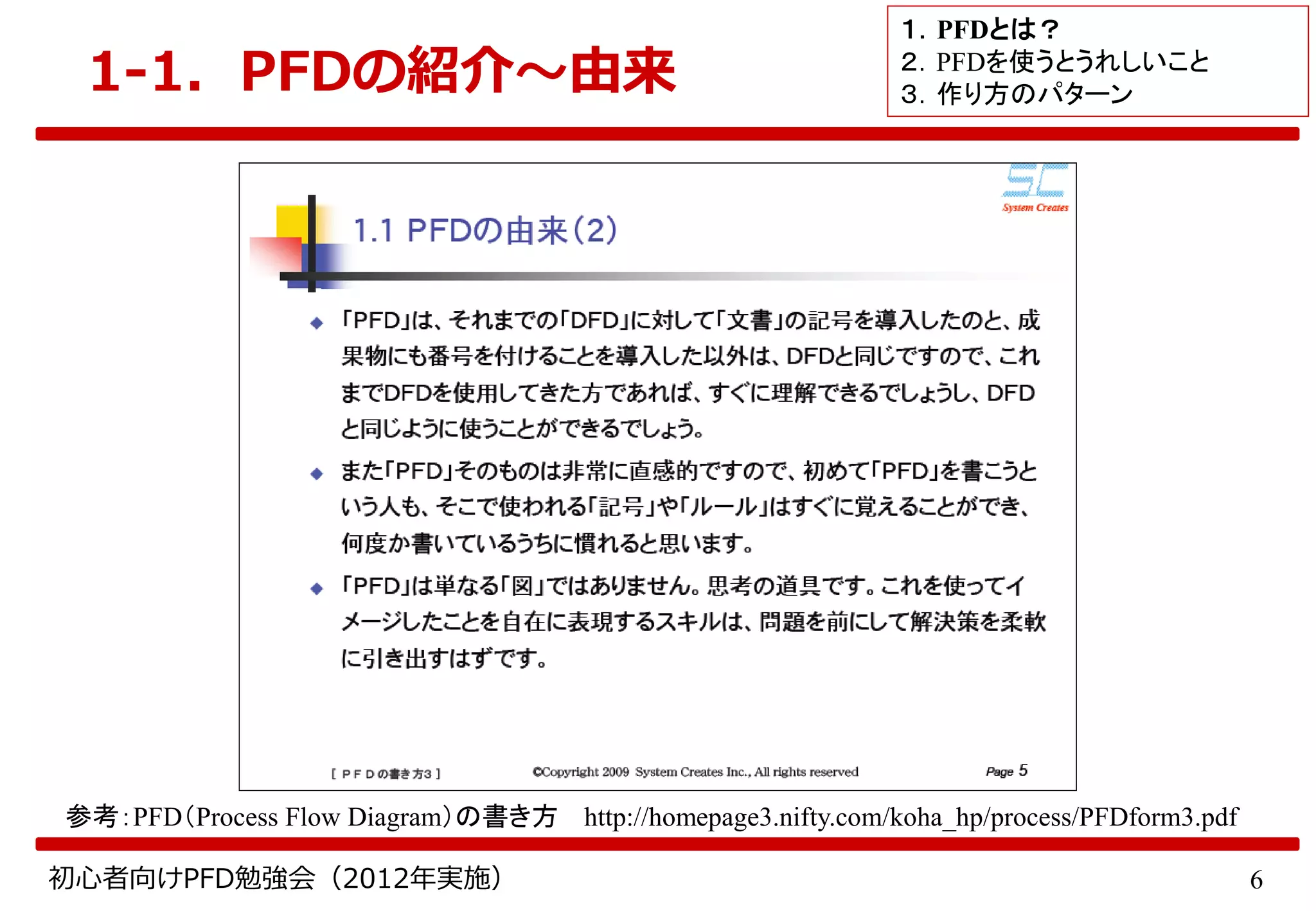 6初心者向けPFD勉強会（2012年実施）
1-1．PFDの紹介～由来
参考：PFD（Process Flow Diagram）の書き方 http://homepage3.nifty.com/koha_hp/process/PFDform3.pdf
１．PFDとは？
２．PFDを使うとうれしいこと
３．作り方のパターン
 