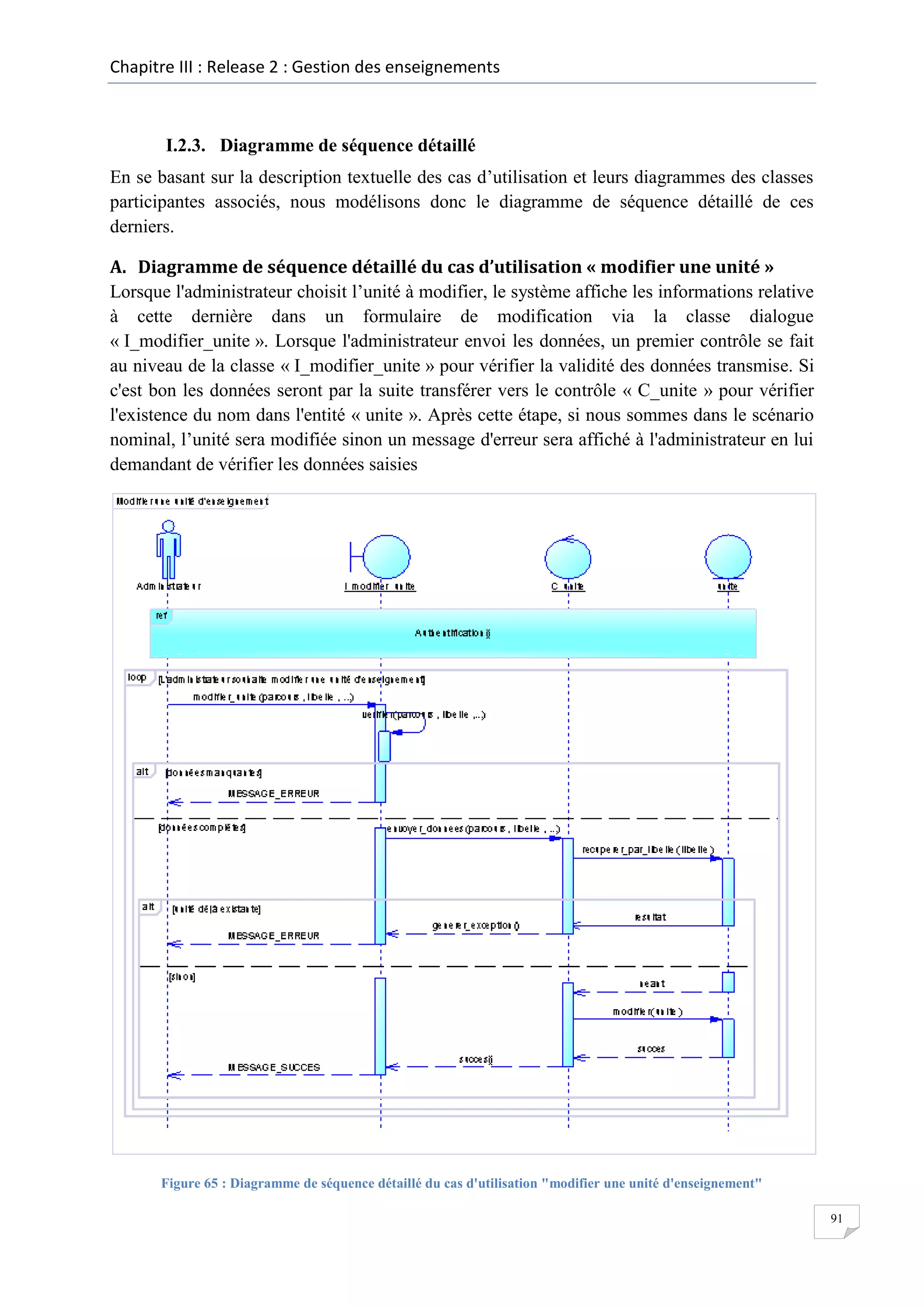 Chapitre III : Release 2 : Gestion des enseignements

I.2.3. Diagramme de séquence détaillé
En se basant sur la description textuelle des cas d’utilisation et leurs diagrammes des classes
participantes associés, nous modélisons donc le diagramme de séquence détaillé de ces
derniers.
A. Diagramme de séquence détaillé du cas d’utilisation « modifier une unité »
Lorsque l'administrateur choisit l’unité à modifier, le système affiche les informations relative
à cette dernière dans un formulaire de modification via la classe dialogue
« I_modifier_unite ». Lorsque l'administrateur envoi les données, un premier contrôle se fait
au niveau de la classe « I_modifier_unite » pour vérifier la validité des données transmise. Si
c'est bon les données seront par la suite transférer vers le contrôle « C_unite » pour vérifier
l'existence du nom dans l'entité « unite ». Après cette étape, si nous sommes dans le scénario
nominal, l’unité sera modifiée sinon un message d'erreur sera affiché à l'administrateur en lui
demandant de vérifier les données saisies

Figure 65 : Diagramme de séquence détaillé du cas d'utilisation "modifier une unité d'enseignement"
91

 