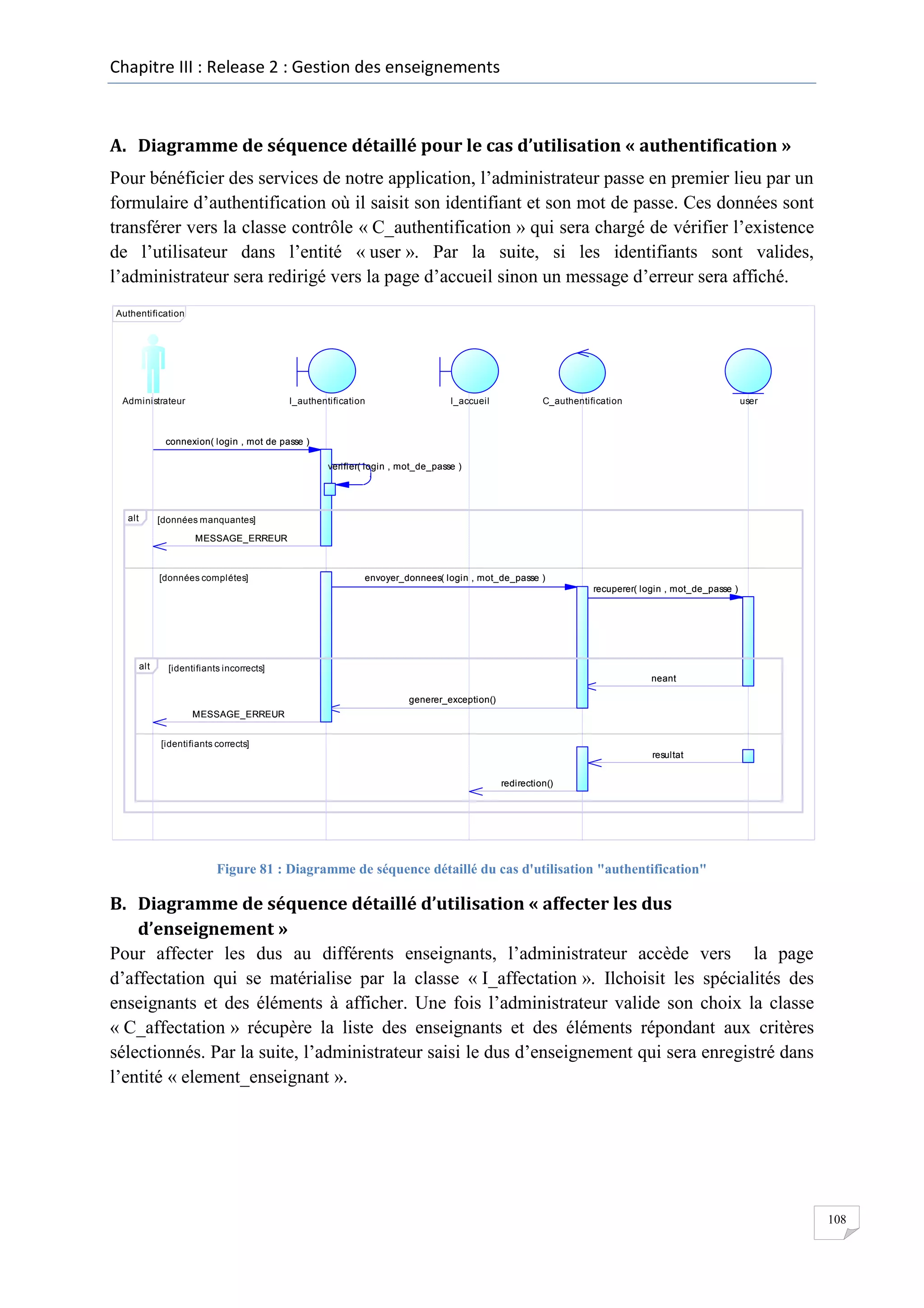 Chapitre III : Release 2 : Gestion des enseignements

A. Diagramme de séquence détaillé pour le cas d’utilisation « authentification »
Pour bénéficier des services de notre application, l’administrateur passe en premier lieu par un
formulaire d’authentification où il saisit son identifiant et son mot de passe. Ces données sont
transférer vers la classe contrôle « C_authentification » qui sera chargé de vérifier l’existence
de l’utilisateur dans l’entité « user ». Par la suite, si les identifiants sont valides,
l’administrateur sera redirigé vers la page d’accueil sinon un message d’erreur sera affiché.
Authentification

Administrateur

I_authentification

I_accueil

C_authentification

user

connexion( login , mot de passe )
verifier( login , mot_de_passe )

alt

[données manquantes]
MESSAGE_ERREUR

[données complétes]

envoyer_donnees( login , mot_de_passe )
recuperer( login , mot_de_passe )

alt

[identifiants incorrects]
neant
generer_exception()
MESSAGE_ERREUR
[identifiants corrects]
resultat
redirection()

Figure 81 : Diagramme de séquence détaillé du cas d'utilisation "authentification"

B. Diagramme de séquence détaillé d’utilisation « affecter les dus
d’enseignement »
Pour affecter les dus au différents enseignants, l’administrateur accède vers la page
d’affectation qui se matérialise par la classe « I_affectation ». Ilchoisit les spécialités des
enseignants et des éléments à afficher. Une fois l’administrateur valide son choix la classe
« C_affectation » récupère la liste des enseignants et des éléments répondant aux critères
sélectionnés. Par la suite, l’administrateur saisi le dus d’enseignement qui sera enregistré dans
l’entité « element_enseignant ».

108

 