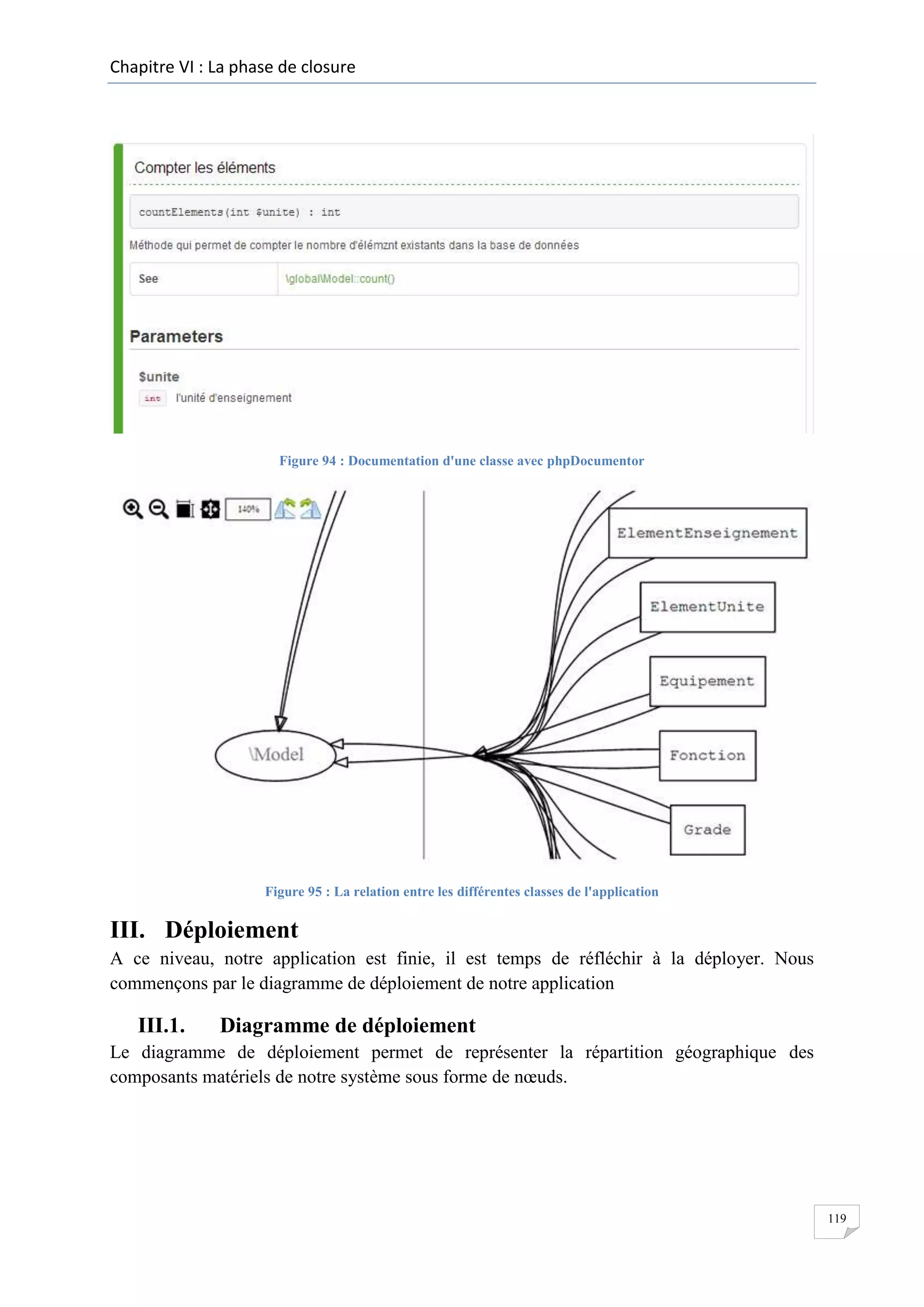 Chapitre VI : La phase de closure

Figure 94 : Documentation d'une classe avec phpDocumentor

Figure 95 : La relation entre les différentes classes de l'application

III. Déploiement
A ce niveau, notre application est finie, il est temps de réfléchir à la déployer. Nous
commençons par le diagramme de déploiement de notre application

III.1.

Diagramme de déploiement

Le diagramme de déploiement permet de représenter la répartition géographique des
composants matériels de notre système sous forme de nœuds.

119

 