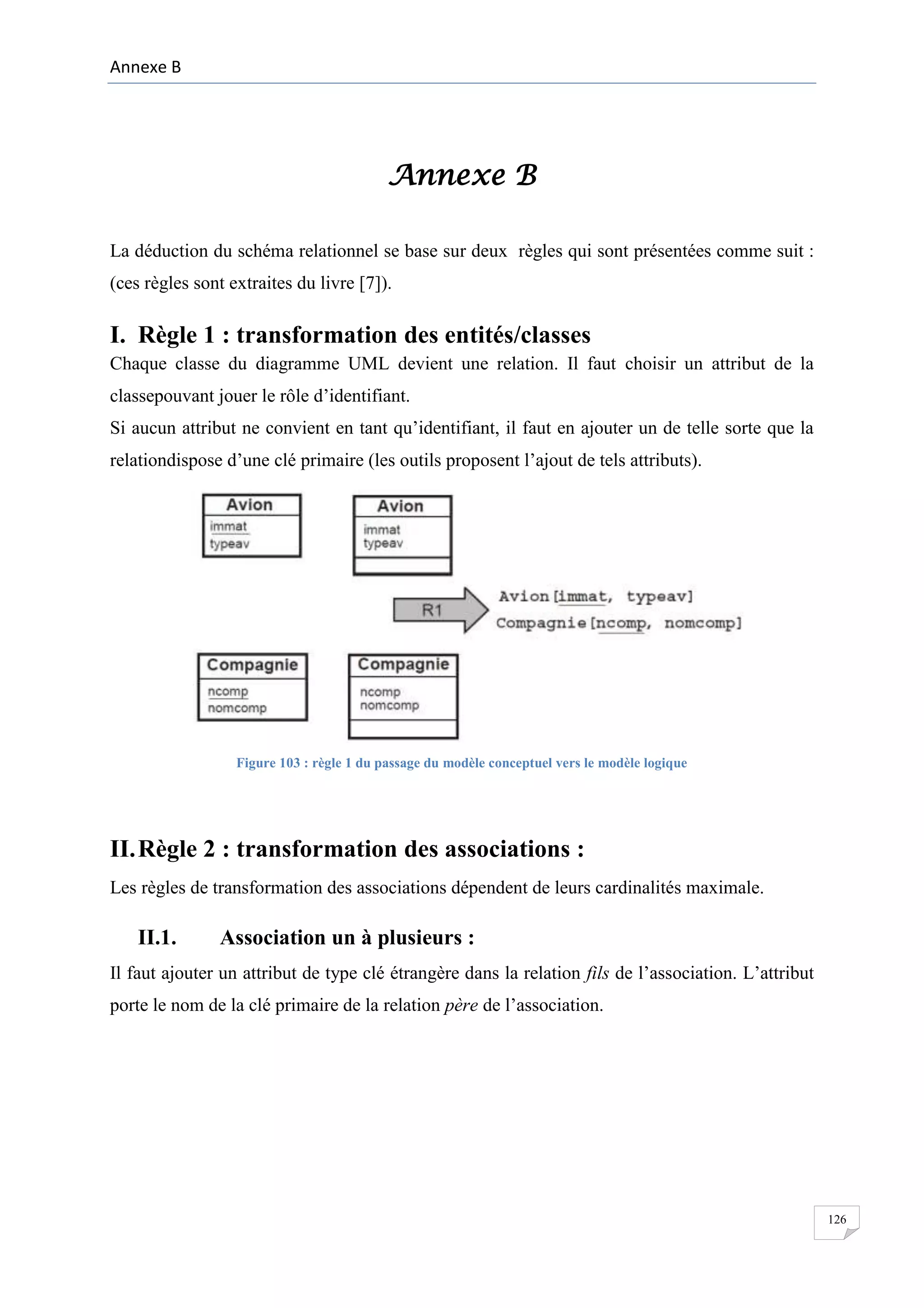 Annexe B

Annexe B
La déduction du schéma relationnel se base sur deux règles qui sont présentées comme suit :
(ces règles sont extraites du livre [7]).

I. Règle 1 : transformation des entités/classes
Chaque classe du diagramme UML devient une relation. Il faut choisir un attribut de la
classepouvant jouer le rôle d’identifiant.
Si aucun attribut ne convient en tant qu’identifiant, il faut en ajouter un de telle sorte que la
relationdispose d’une clé primaire (les outils proposent l’ajout de tels attributs).

Figure 103 : règle 1 du passage du modèle conceptuel vers le modèle logique

II. Règle 2 : transformation des associations :
Les règles de transformation des associations dépendent de leurs cardinalités maximale.

II.1.

Association un à plusieurs :

Il faut ajouter un attribut de type clé étrangère dans la relation fils de l’association. L’attribut
porte le nom de la clé primaire de la relation père de l’association.

126

 