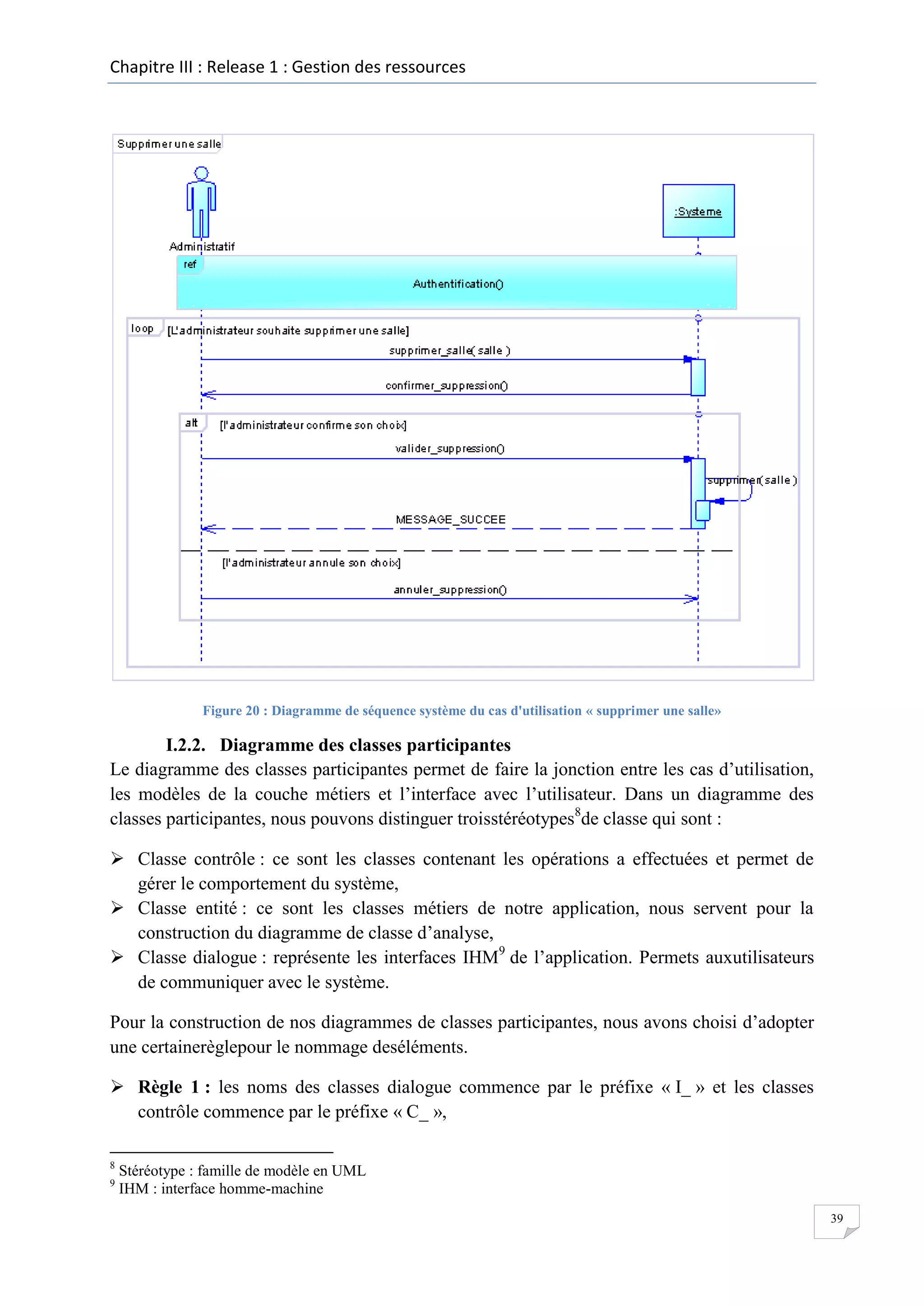 Chapitre III : Release 1 : Gestion des ressources

Figure 20 : Diagramme de séquence système du cas d'utilisation « supprimer une salle»

I.2.2. Diagramme des classes participantes
Le diagramme des classes participantes permet de faire la jonction entre les cas d’utilisation,
les modèles de la couche métiers et l’interface avec l’utilisateur. Dans un diagramme des
classes participantes, nous pouvons distinguer troisstéréotypes8de classe qui sont :
 Classe contrôle : ce sont les classes contenant les opérations a effectuées et permet de
gérer le comportement du système,
 Classe entité : ce sont les classes métiers de notre application, nous servent pour la
construction du diagramme de classe d’analyse,
 Classe dialogue : représente les interfaces IHM9 de l’application. Permets auxutilisateurs
de communiquer avec le système.
Pour la construction de nos diagrammes de classes participantes, nous avons choisi d’adopter
une certainerèglepour le nommage deséléments.
 Règle 1 : les noms des classes dialogue commence par le préfixe « I_ » et les classes
contrôle commence par le préfixe « C_ »,
8
9

Stéréotype : famille de modèle en UML
IHM : interface homme-machine
39

 