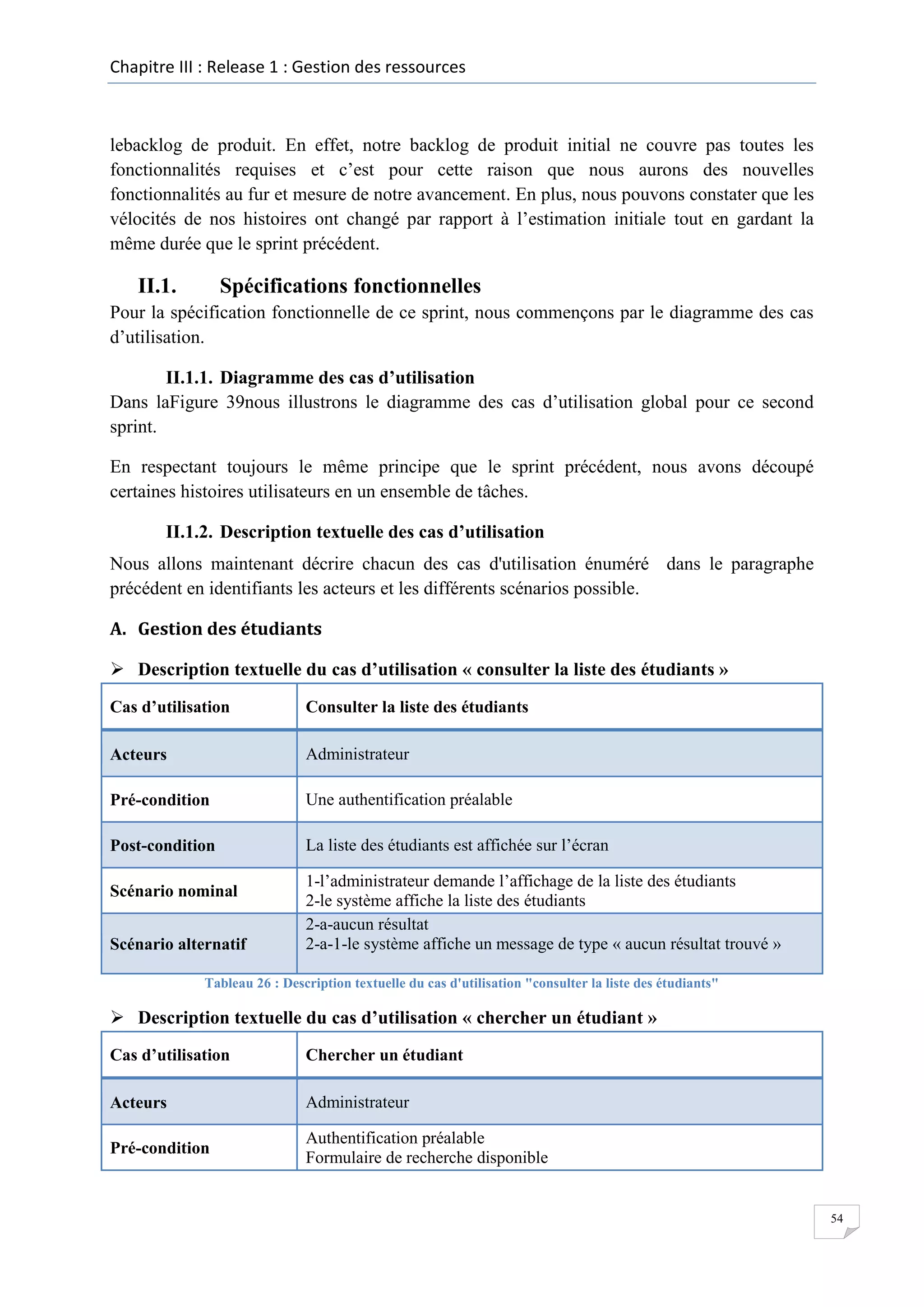 Chapitre III : Release 1 : Gestion des ressources

lebacklog de produit. En effet, notre backlog de produit initial ne couvre pas toutes les
fonctionnalités requises et c’est pour cette raison que nous aurons des nouvelles
fonctionnalités au fur et mesure de notre avancement. En plus, nous pouvons constater que les
vélocités de nos histoires ont changé par rapport à l’estimation initiale tout en gardant la
même durée que le sprint précédent.

II.1.

Spécifications fonctionnelles

Pour la spécification fonctionnelle de ce sprint, nous commençons par le diagramme des cas
d’utilisation.
II.1.1. Diagramme des cas d’utilisation
Dans laFigure 39nous illustrons le diagramme des cas d’utilisation global pour ce second
sprint.
En respectant toujours le même principe que le sprint précédent, nous avons découpé
certaines histoires utilisateurs en un ensemble de tâches.
II.1.2. Description textuelle des cas d’utilisation
Nous allons maintenant décrire chacun des cas d'utilisation énuméré dans le paragraphe
précédent en identifiants les acteurs et les différents scénarios possible.
A. Gestion des étudiants
 Description textuelle du cas d’utilisation « consulter la liste des étudiants »
Cas d’utilisation

Consulter la liste des étudiants

Acteurs

Administrateur

Pré-condition

Une authentification préalable

Post-condition

La liste des étudiants est affichée sur l’écran

Scénario nominal
Scénario alternatif

1-l’administrateur demande l’affichage de la liste des étudiants
2-le système affiche la liste des étudiants
2-a-aucun résultat
2-a-1-le système affiche un message de type « aucun résultat trouvé »

Tableau 26 : Description textuelle du cas d'utilisation "consulter la liste des étudiants"

 Description textuelle du cas d’utilisation « chercher un étudiant »
Cas d’utilisation

Chercher un étudiant

Acteurs

Administrateur

Pré-condition

Authentification préalable
Formulaire de recherche disponible

54

 
