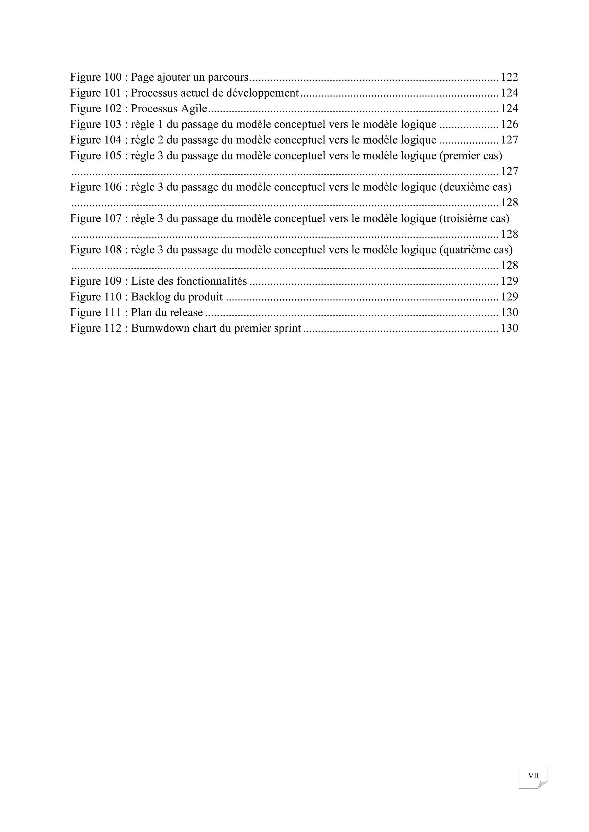 Figure 100 : Page ajouter un parcours .................................................................................... 122
Figure 101 : Processus actuel de développement ................................................................... 124
Figure 102 : Processus Agile .................................................................................................. 124
Figure 103 : règle 1 du passage du modèle conceptuel vers le modèle logique .................... 126
Figure 104 : règle 2 du passage du modèle conceptuel vers le modèle logique .................... 127
Figure 105 : règle 3 du passage du modèle conceptuel vers le modèle logique (premier cas)
................................................................................................................................................ 127
Figure 106 : règle 3 du passage du modèle conceptuel vers le modèle logique (deuxième cas)
................................................................................................................................................ 128
Figure 107 : règle 3 du passage du modèle conceptuel vers le modèle logique (troisième cas)
................................................................................................................................................ 128
Figure 108 : règle 3 du passage du modèle conceptuel vers le modèle logique (quatrième cas)
................................................................................................................................................ 128
Figure 109 : Liste des fonctionnalités .................................................................................... 129
Figure 110 : Backlog du produit ............................................................................................ 129
Figure 111 : Plan du release ................................................................................................... 130
Figure 112 : Burnwdown chart du premier sprint .................................................................. 130

VII

 