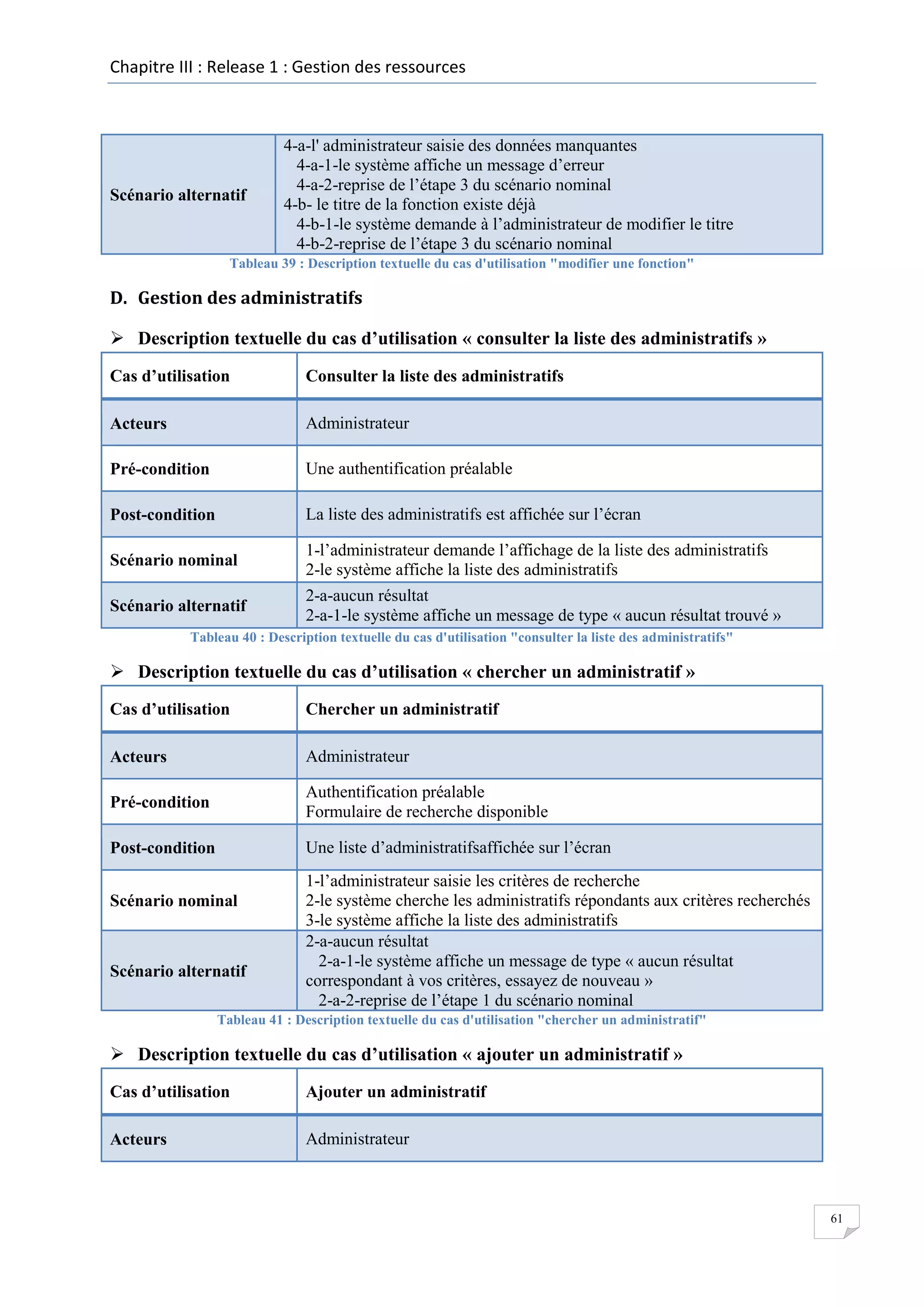 Chapitre III : Release 1 : Gestion des ressources

Scénario alternatif

4-a-l' administrateur saisie des données manquantes
4-a-1-le système affiche un message d’erreur
4-a-2-reprise de l’étape 3 du scénario nominal
4-b- le titre de la fonction existe déjà
4-b-1-le système demande à l’administrateur de modifier le titre
4-b-2-reprise de l’étape 3 du scénario nominal

Tableau 39 : Description textuelle du cas d'utilisation "modifier une fonction"

D. Gestion des administratifs
 Description textuelle du cas d’utilisation « consulter la liste des administratifs »
Cas d’utilisation

Consulter la liste des administratifs

Acteurs

Administrateur

Pré-condition

Une authentification préalable

Post-condition

La liste des administratifs est affichée sur l’écran

Scénario nominal

1-l’administrateur demande l’affichage de la liste des administratifs
2-le système affiche la liste des administratifs

Scénario alternatif

2-a-aucun résultat
2-a-1-le système affiche un message de type « aucun résultat trouvé »

Tableau 40 : Description textuelle du cas d'utilisation "consulter la liste des administratifs"

 Description textuelle du cas d’utilisation « chercher un administratif »
Cas d’utilisation

Chercher un administratif

Acteurs

Administrateur

Pré-condition

Authentification préalable
Formulaire de recherche disponible

Post-condition

Une liste d’administratifsaffichée sur l’écran

Scénario nominal

Scénario alternatif

1-l’administrateur saisie les critères de recherche
2-le système cherche les administratifs répondants aux critères recherchés
3-le système affiche la liste des administratifs
2-a-aucun résultat
2-a-1-le système affiche un message de type « aucun résultat
correspondant à vos critères, essayez de nouveau »
2-a-2-reprise de l’étape 1 du scénario nominal

Tableau 41 : Description textuelle du cas d'utilisation "chercher un administratif"

 Description textuelle du cas d’utilisation « ajouter un administratif »
Cas d’utilisation

Ajouter un administratif

Acteurs

Administrateur

61

 