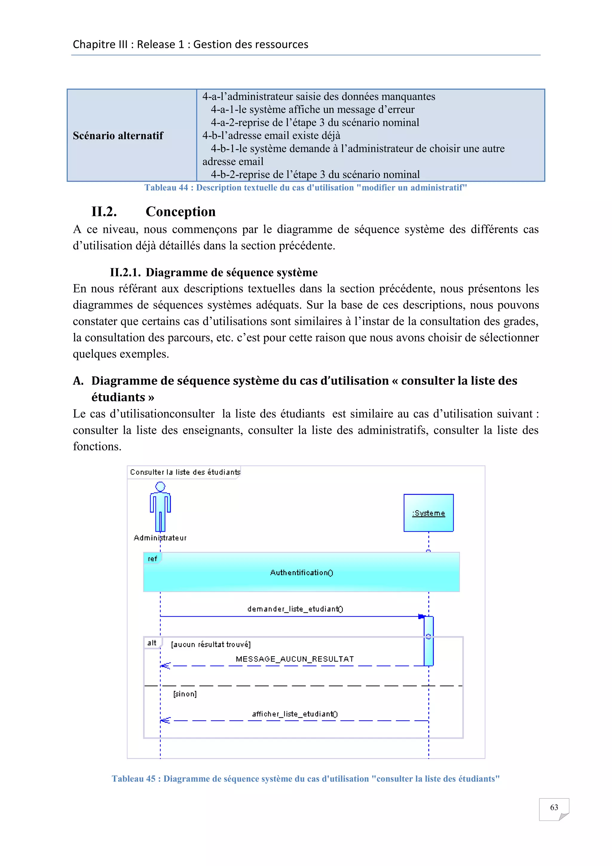 Chapitre III : Release 1 : Gestion des ressources

Scénario alternatif

4-a-l’administrateur saisie des données manquantes
4-a-1-le système affiche un message d’erreur
4-a-2-reprise de l’étape 3 du scénario nominal
4-b-l’adresse email existe déjà
4-b-1-le système demande à l’administrateur de choisir une autre
adresse email
4-b-2-reprise de l’étape 3 du scénario nominal

Tableau 44 : Description textuelle du cas d'utilisation "modifier un administratif"

II.2.

Conception

A ce niveau, nous commençons par le diagramme de séquence système des différents cas
d’utilisation déjà détaillés dans la section précédente.
II.2.1. Diagramme de séquence système
En nous référant aux descriptions textuelles dans la section précédente, nous présentons les
diagrammes de séquences systèmes adéquats. Sur la base de ces descriptions, nous pouvons
constater que certains cas d’utilisations sont similaires à l’instar de la consultation des grades,
la consultation des parcours, etc. c’est pour cette raison que nous avons choisir de sélectionner
quelques exemples.
A. Diagramme de séquence système du cas d’utilisation « consulter la liste des
étudiants »
Le cas d’utilisationconsulter la liste des étudiants est similaire au cas d’utilisation suivant :
consulter la liste des enseignants, consulter la liste des administratifs, consulter la liste des
fonctions.

Tableau 45 : Diagramme de séquence système du cas d'utilisation "consulter la liste des étudiants"
63

 