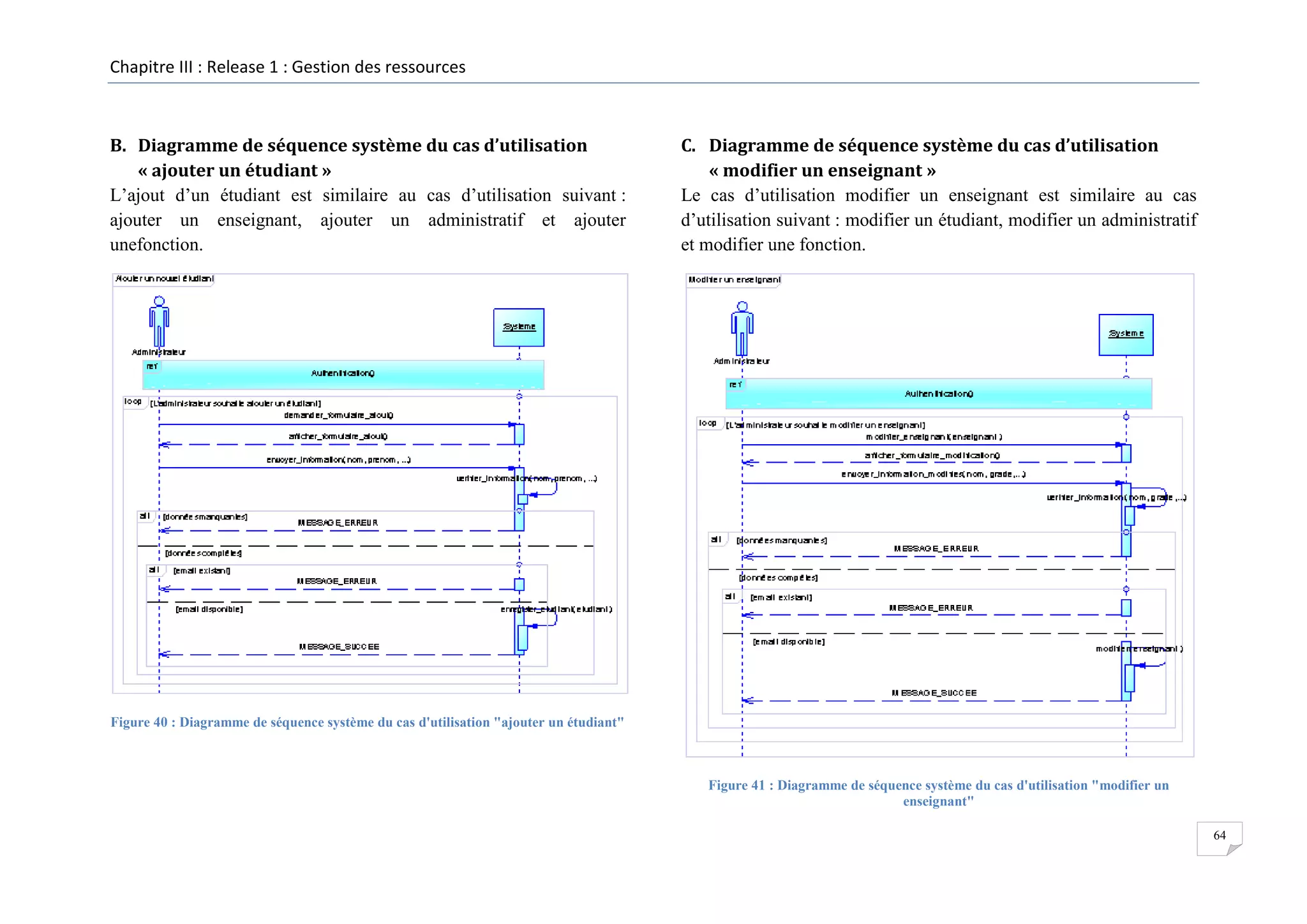 Chapitre III : Release 1 : Gestion des ressources

B. Diagramme de séquence système du cas d’utilisation
« ajouter un étudiant »
L’ajout d’un étudiant est similaire au cas d’utilisation suivant :
ajouter un enseignant, ajouter un administratif et ajouter
unefonction.

C. Diagramme de séquence système du cas d’utilisation
« modifier un enseignant »
Le cas d’utilisation modifier un enseignant est similaire au cas
d’utilisation suivant : modifier un étudiant, modifier un administratif
et modifier une fonction.

Figure 40 : Diagramme de séquence système du cas d'utilisation "ajouter un étudiant"

Figure 41 : Diagramme de séquence système du cas d'utilisation "modifier un
enseignant"
64

 