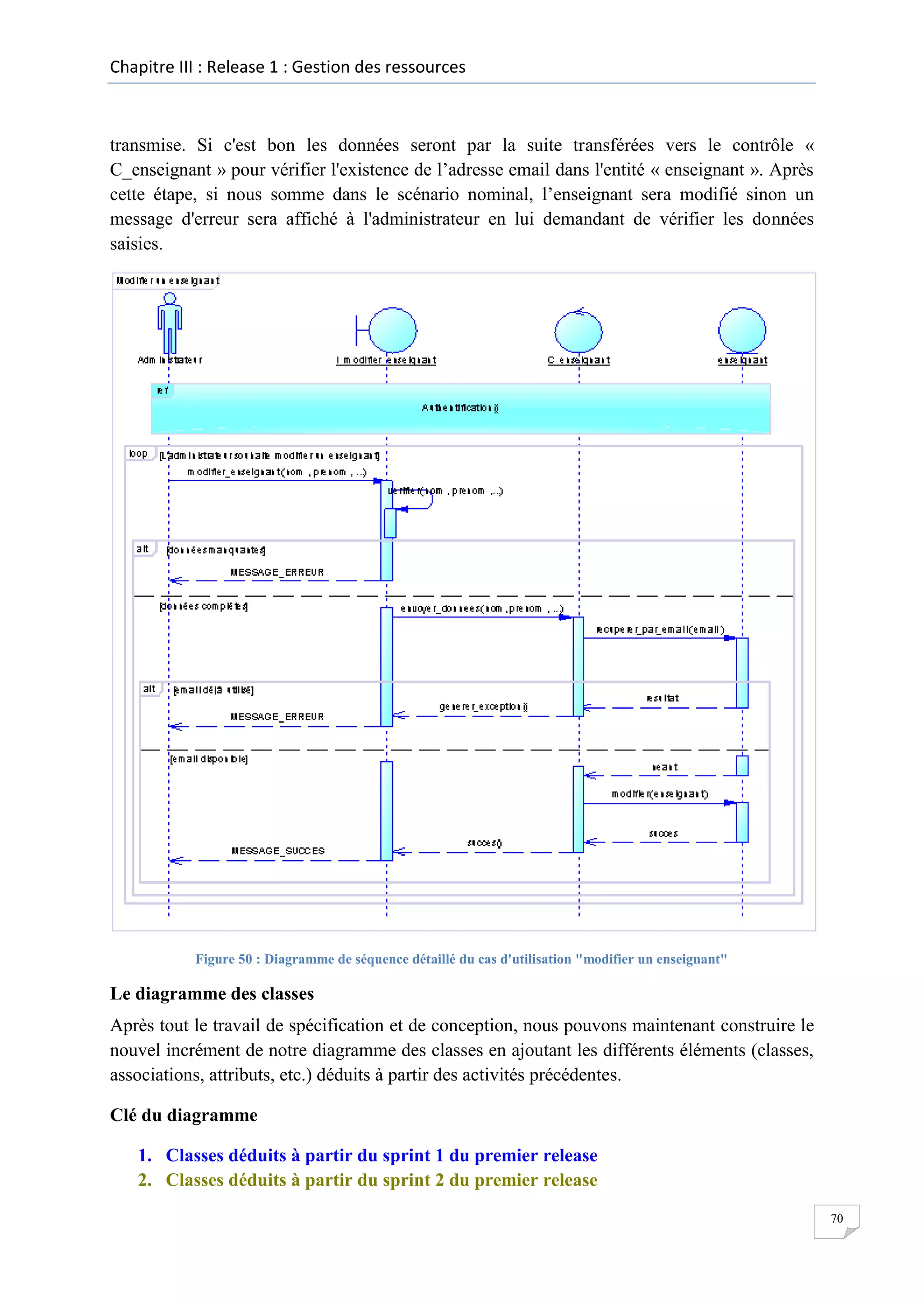 Chapitre III : Release 1 : Gestion des ressources

transmise. Si c'est bon les données seront par la suite transférées vers le contrôle «
C_enseignant » pour vérifier l'existence de l’adresse email dans l'entité « enseignant ». Après
cette étape, si nous somme dans le scénario nominal, l’enseignant sera modifié sinon un
message d'erreur sera affiché à l'administrateur en lui demandant de vérifier les données
saisies.

Figure 50 : Diagramme de séquence détaillé du cas d'utilisation "modifier un enseignant"

Le diagramme des classes
Après tout le travail de spécification et de conception, nous pouvons maintenant construire le
nouvel incrément de notre diagramme des classes en ajoutant les différents éléments (classes,
associations, attributs, etc.) déduits à partir des activités précédentes.
Clé du diagramme
1. Classes déduits à partir du sprint 1 du premier release
2. Classes déduits à partir du sprint 2 du premier release
70

 