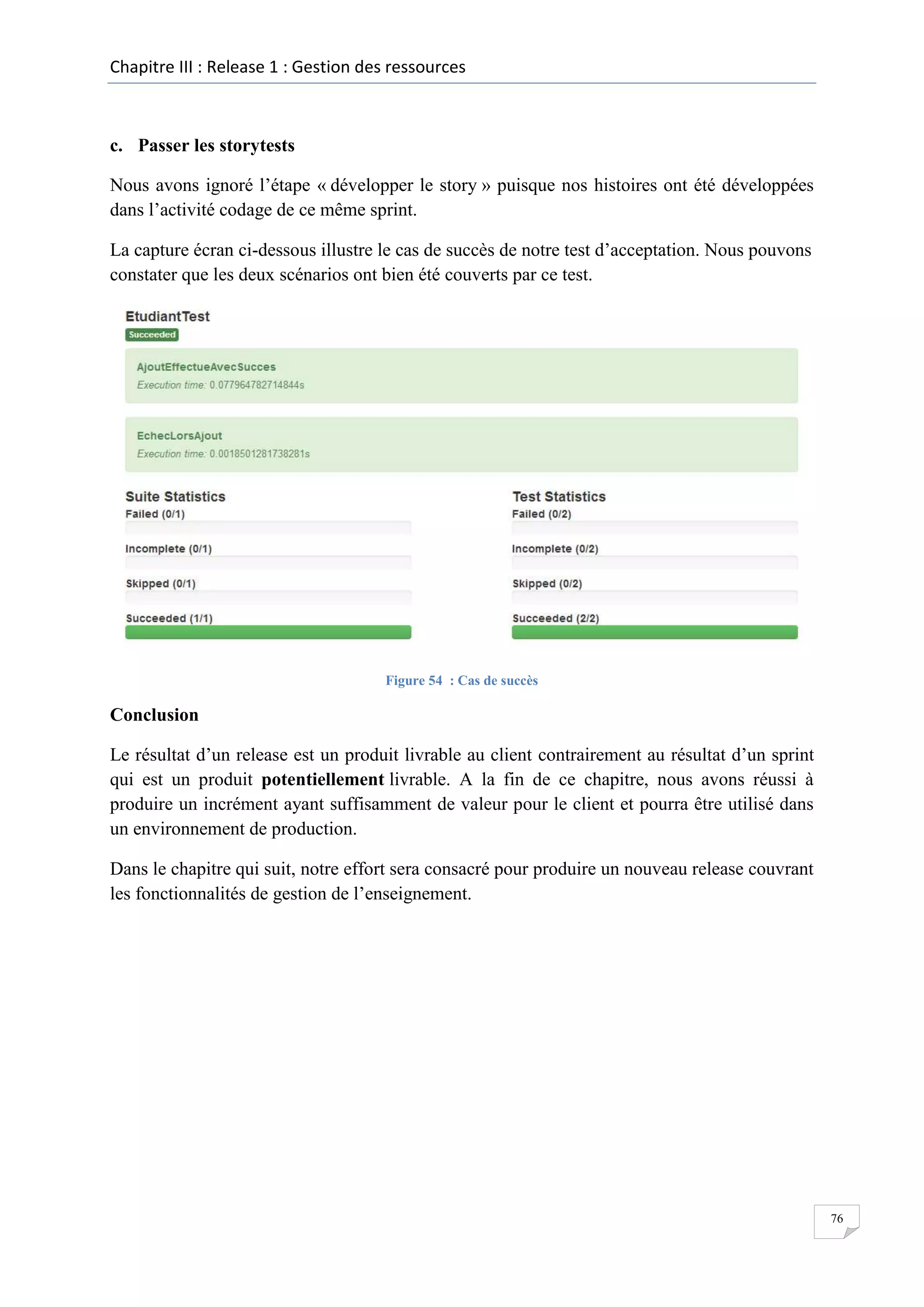 Chapitre III : Release 1 : Gestion des ressources

c. Passer les storytests
Nous avons ignoré l’étape « développer le story » puisque nos histoires ont été développées
dans l’activité codage de ce même sprint.
La capture écran ci-dessous illustre le cas de succès de notre test d’acceptation. Nous pouvons
constater que les deux scénarios ont bien été couverts par ce test.

Figure 54 : Cas de succès

Conclusion
Le résultat d’un release est un produit livrable au client contrairement au résultat d’un sprint
qui est un produit potentiellement livrable. A la fin de ce chapitre, nous avons réussi à
produire un incrément ayant suffisamment de valeur pour le client et pourra être utilisé dans
un environnement de production.
Dans le chapitre qui suit, notre effort sera consacré pour produire un nouveau release couvrant
les fonctionnalités de gestion de l’enseignement.

76

 