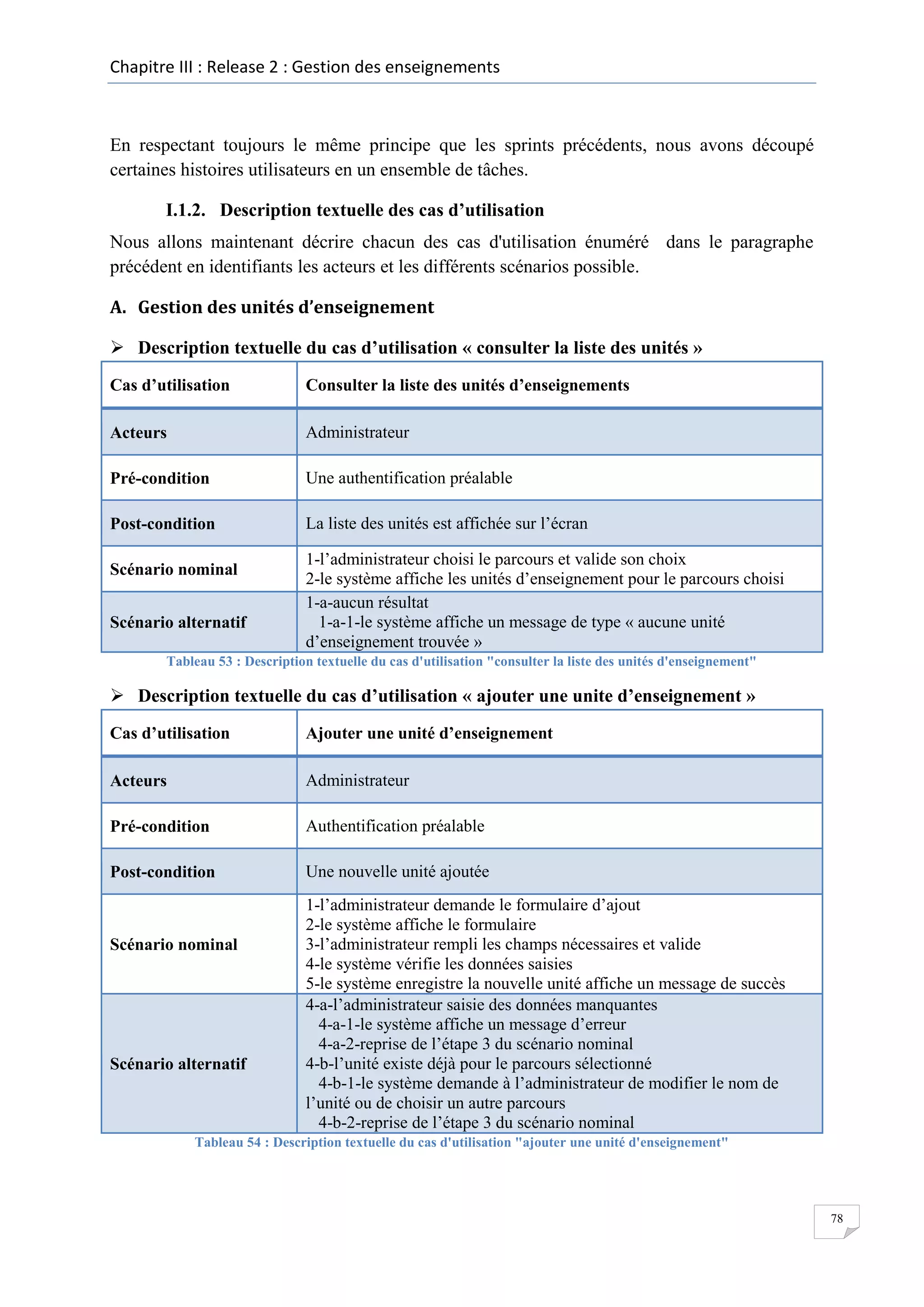 Chapitre III : Release 2 : Gestion des enseignements

En respectant toujours le même principe que les sprints précédents, nous avons découpé
certaines histoires utilisateurs en un ensemble de tâches.
I.1.2. Description textuelle des cas d’utilisation
Nous allons maintenant décrire chacun des cas d'utilisation énuméré dans le paragraphe
précédent en identifiants les acteurs et les différents scénarios possible.
A. Gestion des unités d’enseignement
 Description textuelle du cas d’utilisation « consulter la liste des unités »
Cas d’utilisation

Consulter la liste des unités d’enseignements

Acteurs

Administrateur

Pré-condition

Une authentification préalable

Post-condition

La liste des unités est affichée sur l’écran

Scénario nominal
Scénario alternatif

1-l’administrateur choisi le parcours et valide son choix
2-le système affiche les unités d’enseignement pour le parcours choisi
1-a-aucun résultat
1-a-1-le système affiche un message de type « aucune unité
d’enseignement trouvée »

Tableau 53 : Description textuelle du cas d'utilisation "consulter la liste des unités d'enseignement"

 Description textuelle du cas d’utilisation « ajouter une unite d’enseignement »
Cas d’utilisation

Ajouter une unité d’enseignement

Acteurs

Administrateur

Pré-condition

Authentification préalable

Post-condition

Une nouvelle unité ajoutée

Scénario nominal

Scénario alternatif

1-l’administrateur demande le formulaire d’ajout
2-le système affiche le formulaire
3-l’administrateur rempli les champs nécessaires et valide
4-le système vérifie les données saisies
5-le système enregistre la nouvelle unité affiche un message de succès
4-a-l’administrateur saisie des données manquantes
4-a-1-le système affiche un message d’erreur
4-a-2-reprise de l’étape 3 du scénario nominal
4-b-l’unité existe déjà pour le parcours sélectionné
4-b-1-le système demande à l’administrateur de modifier le nom de
l’unité ou de choisir un autre parcours
4-b-2-reprise de l’étape 3 du scénario nominal

Tableau 54 : Description textuelle du cas d'utilisation "ajouter une unité d'enseignement"

78

 