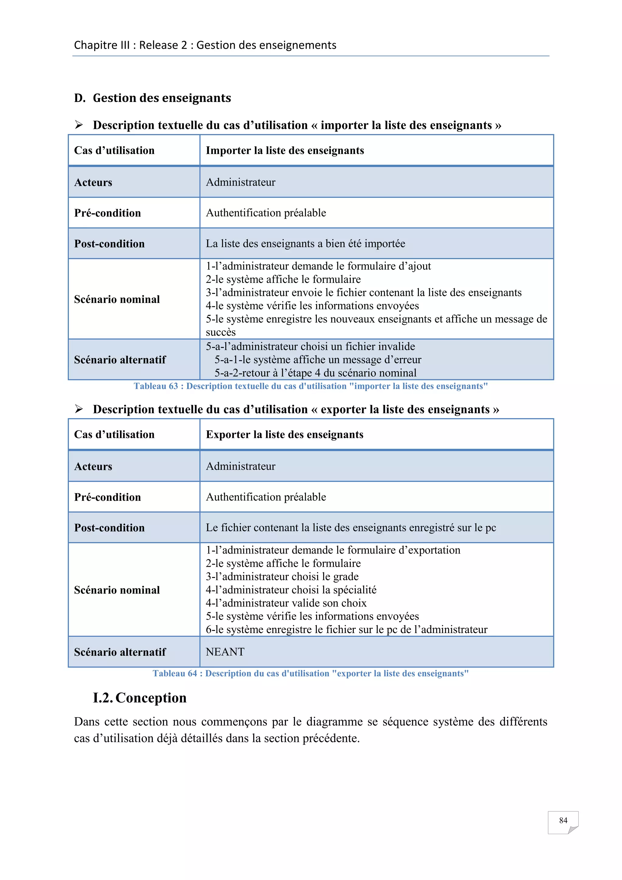 Chapitre III : Release 2 : Gestion des enseignements

D. Gestion des enseignants
 Description textuelle du cas d’utilisation « importer la liste des enseignants »
Cas d’utilisation

Importer la liste des enseignants

Acteurs

Administrateur

Pré-condition

Authentification préalable

Post-condition

La liste des enseignants a bien été importée

Scénario nominal

Scénario alternatif

1-l’administrateur demande le formulaire d’ajout
2-le système affiche le formulaire
3-l’administrateur envoie le fichier contenant la liste des enseignants
4-le système vérifie les informations envoyées
5-le système enregistre les nouveaux enseignants et affiche un message de
succès
5-a-l’administrateur choisi un fichier invalide
5-a-1-le système affiche un message d’erreur
5-a-2-retour à l’étape 4 du scénario nominal

Tableau 63 : Description textuelle du cas d'utilisation "importer la liste des enseignants"

 Description textuelle du cas d’utilisation « exporter la liste des enseignants »
Cas d’utilisation

Exporter la liste des enseignants

Acteurs

Administrateur

Pré-condition

Authentification préalable

Post-condition

Le fichier contenant la liste des enseignants enregistré sur le pc

Scénario nominal

1-l’administrateur demande le formulaire d’exportation
2-le système affiche le formulaire
3-l’administrateur choisi le grade
4-l’administrateur choisi la spécialité
4-l’administrateur valide son choix
5-le système vérifie les informations envoyées
6-le système enregistre le fichier sur le pc de l’administrateur

Scénario alternatif

NEANT

Tableau 64 : Description du cas d'utilisation "exporter la liste des enseignants"

I.2. Conception
Dans cette section nous commençons par le diagramme se séquence système des différents
cas d’utilisation déjà détaillés dans la section précédente.

84

 