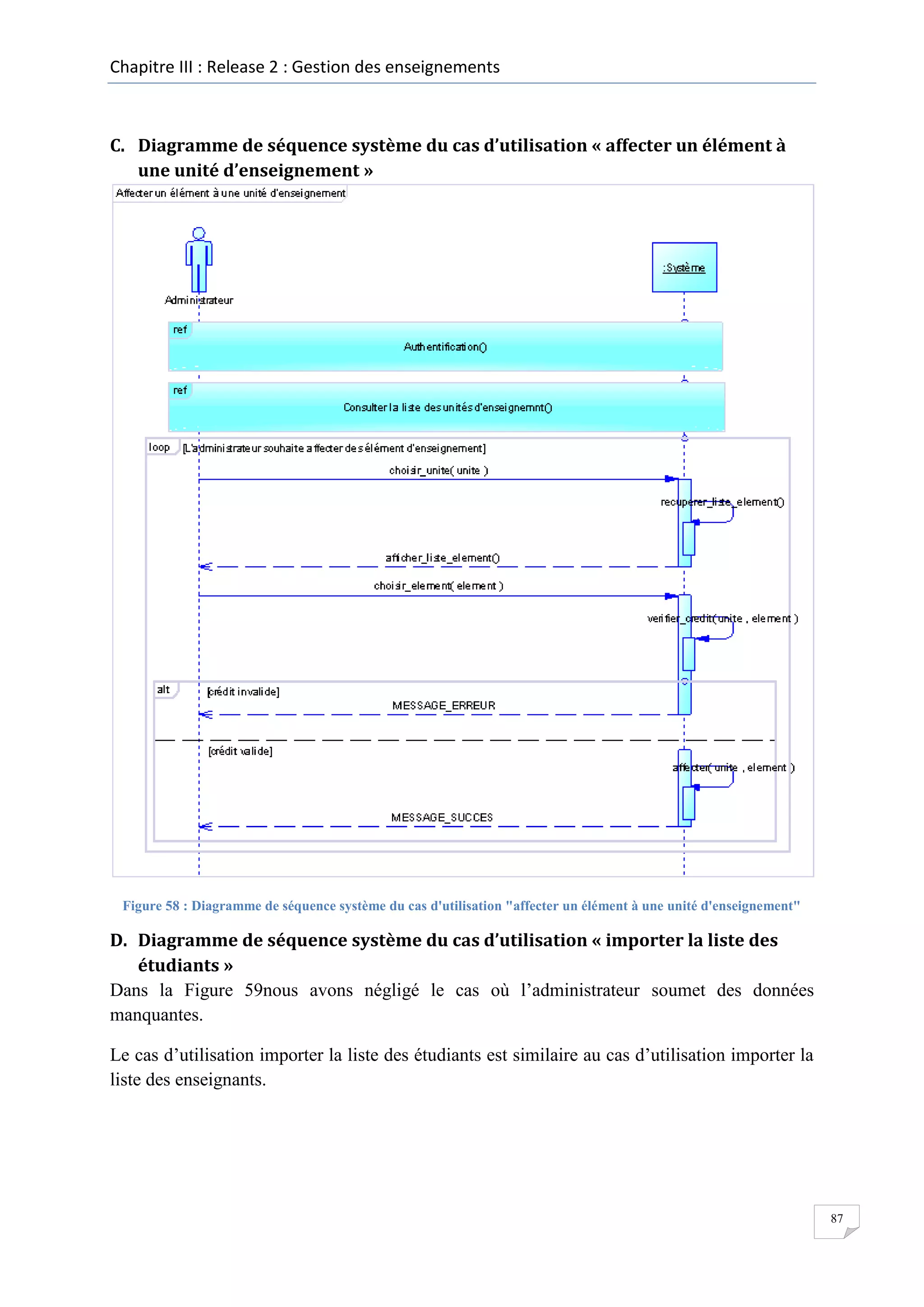 Chapitre III : Release 2 : Gestion des enseignements

C. Diagramme de séquence système du cas d’utilisation « affecter un élément à
une unité d’enseignement »

Figure 58 : Diagramme de séquence système du cas d'utilisation "affecter un élément à une unité d'enseignement"

D. Diagramme de séquence système du cas d’utilisation « importer la liste des
étudiants »
Dans la Figure 59nous avons négligé le cas où l’administrateur soumet des données
manquantes.
Le cas d’utilisation importer la liste des étudiants est similaire au cas d’utilisation importer la
liste des enseignants.

87

 