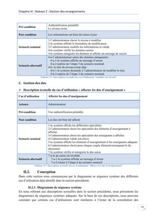 Chapitre III : Release 2 : Gestion des enseignements

Pré-condition

Authentification préalable
Le niveau existe

Post condition

Les informations ont bien été mises à jour

Scénario nominal

Scénario alternatif

1-l' administrateur choisi le niveau à modifier
2-le système affiche le formulaire de modification
3-l' administrateur modifie les informations et valide
4-le système vérifie les données saisies
5-le système enregistre les données et affiche un message de succès
4-a-l' administrateur saisie des données manquantes
4-a-1-le système affiche un message d’erreur
4-a-2-reprise de l’étape 3 du scénario nominal
4-b- le titre du niveau existe déjà
4-b-1-le système demande à l’administrateur de modifier le titre
4-b-2-reprise de l’étape 3 du scénario nominal

Tableau 73 : Description textuelle du cas d'utilisation "modifier un niveau"

C. Gestion des dus
 Description textuelle du cas d’utilisation « affecter les dus d’enseignement »
Cas d’utilisation

Affecter les dus d’enseignement

Acteurs

Administrateur

Pré-condition

Une authentification préalable

Post condition

Les dus ont bien été affecté

Scénario nominal

Scénario alternatif

1-le système affiche les différentes spécialités
2-l’administrateur choisi les spécialités des éléments d’enseignement à
afficher
3-l’administrateur choisi les spécialités des enseignants à afficher
4-l’administrateur valide son choix
5-le système affiche les éléments d’enseignement et les enseignants adéquats
6-l’administrateur choisi pour chaque couple éléments/enseignant le du
nécessaire
7-le système vérifie et enregistre le dus saisie
7-a-le du saisie est invalide
7-a-1-le système affiche un message d’erreur
7-a-2-retour à l’étape 6 du scénario nominal

Tableau 74 : Description textuelle du cas d'utilisation "affecter les dus d'enseignement"

II.2.

Conception

Dans cette section nous commençons par le diagramme se séquence système des différents
cas d’utilisation déjà détaillé dans la section précédente.
II.2.1. Diagramme de séquence système
En nous référant aux descriptions textuelles dans la section précédente, nous présentons les
diagrammes de séquences systèmes adéquats. Sur la base de ces descriptions, nous pouvons
constater que certains cas d’utilisations sont similaires à l’instar de la consultation des
104

 