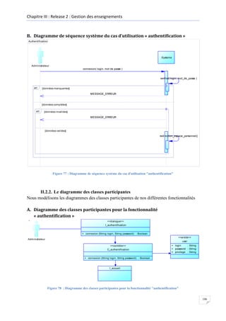 Chapitre III : Release 2 : Gestion des enseignements

B. Diagramme de séquence système du cas d’utilisation « authentification »
Authentification

:Systeme
Administrateur
connexion( login, mot de passe )

verifier( login, mot_de_passe )

alt

[données manquantes]
MESSAGE_ERREUR

[données complétes]
alt

[données invalides]
MESSAGE_ERREUR

[données valides]
redirection_espace_personnel()

Figure 77 : Diagramme de séquence système du cas d'utilisation "authentification"

II.2.2. Le diagramme des classes participantes
Nous modélisons les diagrammes des classes participantes de nos différentes fonctionnalités
A. Diagramme des classes participantes pour la fonctionnalité
« authentification »
<<dialogue>>
I_authentification
+ connexion (String login, String password) : Boolean
...
Administrateur
<<contrôle>>
C_authentification

<<entité>>
user
+ login
: String
+ password : String
+ privilege : String

+ connexion (String login, String password) : Boolean
...
I_accueil

Figure 78 : Diagramme des classes participantes pour la fonctionnalité "authentification"
106

 
