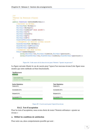 Chapitre III : Release 2 : Gestion des enseignements

Figure 84 : Code source de la classe de test pour l’histoire "ajouter un parcours"

La figure suivante illustre le cas de succès pour l’ajout d’un nouveau niveau.Cette figure nous
montre que notre méthode est bien fonctionnelle.

Figure 85 : Cas de succès pour l'ajout d'un niveau

II.4.2. Test d’acceptation
Pour les tests d’acceptation, nous avons choisi de tester l’histoire utilisateur « ajouter un
niveau »
a. Définir les conditions de satisfaction
Pour notre cas, deux comportements possible qui sont :
112

 