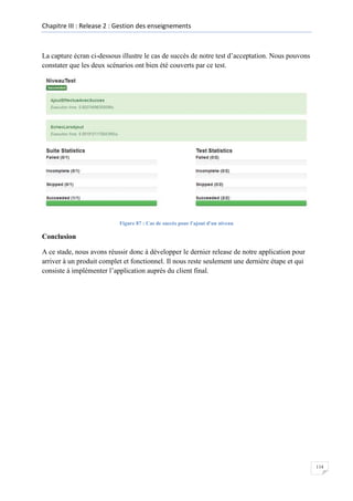 Chapitre III : Release 2 : Gestion des enseignements

La capture écran ci-dessous illustre le cas de succès de notre test d’acceptation. Nous pouvons
constater que les deux scénarios ont bien été couverts par ce test.

Figure 87 : Cas de succès pour l'ajout d'un niveau

Conclusion
A ce stade, nous avons réussir donc à développer le dernier release de notre application pour
arriver à un produit complet et fonctionnel. Il nous reste seulement une dernière étape et qui
consiste à implémenter l’application auprès du client final.

114

 
