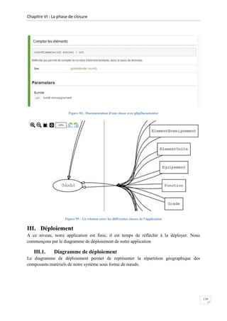 Chapitre VI : La phase de closure

Figure 94 : Documentation d'une classe avec phpDocumentor

Figure 95 : La relation entre les différentes classes de l'application

III. Déploiement
A ce niveau, notre application est finie, il est temps de réfléchir à la déployer. Nous
commençons par le diagramme de déploiement de notre application

III.1.

Diagramme de déploiement

Le diagramme de déploiement permet de représenter la répartition géographique des
composants matériels de notre système sous forme de nœuds.

119

 