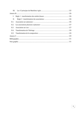 III.

Les 12 principes du Manifeste Agile ................................................................... 125

Annexe B ................................................................................................................................ 126
I.

Règle 1 : transformation des entités/classes ............................................................ 126

II.

Règle 2 : transformation des associations : .......................................................... 126

II.1.

Association un à plusieurs : ..................................................................................... 126

II.2.

Les associations plusieurs à plusieurs : ................................................................... 127

II.3.

Association un à un : ............................................................................................... 127

II.4.

Transformation de l’héritage : ................................................................................. 128

II.5.

Transformation de la composition : ......................................................................... 128

Annexe C ................................................................................................................................ 129
Bibliographie .......................................................................................................................... 131
Neto graphie ........................................................................................................................... 131

III

 