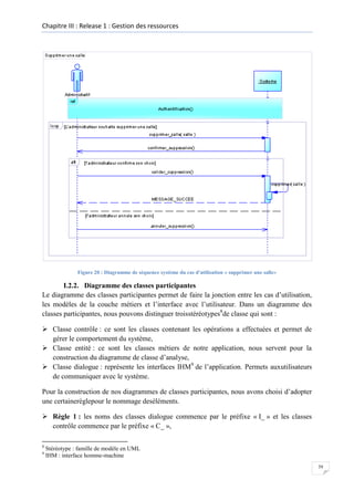 Chapitre III : Release 1 : Gestion des ressources

Figure 20 : Diagramme de séquence système du cas d'utilisation « supprimer une salle»

I.2.2. Diagramme des classes participantes
Le diagramme des classes participantes permet de faire la jonction entre les cas d’utilisation,
les modèles de la couche métiers et l’interface avec l’utilisateur. Dans un diagramme des
classes participantes, nous pouvons distinguer troisstéréotypes8de classe qui sont :
 Classe contrôle : ce sont les classes contenant les opérations a effectuées et permet de
gérer le comportement du système,
 Classe entité : ce sont les classes métiers de notre application, nous servent pour la
construction du diagramme de classe d’analyse,
 Classe dialogue : représente les interfaces IHM9 de l’application. Permets auxutilisateurs
de communiquer avec le système.
Pour la construction de nos diagrammes de classes participantes, nous avons choisi d’adopter
une certainerèglepour le nommage deséléments.
 Règle 1 : les noms des classes dialogue commence par le préfixe « I_ » et les classes
contrôle commence par le préfixe « C_ »,
8
9

Stéréotype : famille de modèle en UML
IHM : interface homme-machine
39

 