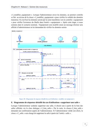 Chapitre III : Release 1 : Gestion des ressources

« I_modifier_equipement ». Lorsque l'administrateur envoi les données, un premier contrôle
se fait au niveau de la classe « I_modifier_equipement » pour vérifier la validité des données
transmise. Si c'est bon les données seront par la suite transférées vers le contrôle « equipement
» pour vérifier l'existence du libelle dans l'entité « equipement ». Après cette étape, si nous
sommes dans le scénario nominal, l'équipement sera modifié sinon un message d'erreur sera
affiché à l'administrateur en lui demandant de vérifier les données saisies

Figure 28 : Diagramme de séquence détaillé du cas d'utilisation « modifier un équipement »

E. Diagramme de séquence détaillé du cas d’utilisation « supprimer une salle »
Lorsque l’administrateur souhaite supprimer une salle, il choisit une à partir de la liste des
salles affichée via la class dialogue « I_liste_salle ». Par la suite, la classe« I_liste_salle »
demande une confirmation auprès de l’administrateur. Si l’administrateur valide son choix, la
classe « C_salle » sera chargé de supprimer la salle à partir de l’entité « salle ».

44

 