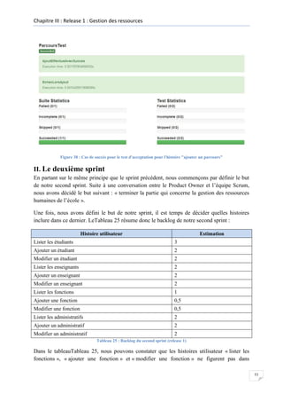 Chapitre III : Release 1 : Gestion des ressources

Figure 38 : Cas de succès pour le test d'acceptation pour l'histoire "ajouter un parcours"

II. Le deuxième sprint
En partant sur le même principe que le sprint précédent, nous commençons par définir le but
de notre second sprint. Suite à une conversation entre le Product Owner et l’équipe Scrum,
nous avons décidé le but suivant : « terminer la partie qui concerne la gestion des ressources
humaines de l’école ».
Une fois, nous avons défini le but de notre sprint, il est temps de décider quelles histoires
inclure dans ce dernier. LeTableau 25 résume donc le backlog de notre second sprint :
Histoire utilisateur

Estimation

Lister les étudiants

3

Ajouter un étudiant

2

Modifier un étudiant

2

Lister les enseignants

2

Ajouter un enseignant

2

Modifier un enseignant

2

Lister les fonctions

1

Ajouter une fonction

0,5

Modifier une fonction

0,5

Lister les administratifs

2

Ajouter un administratif

2

Modifier un administratif

2
Tableau 25 : Backlog du second sprint (release 1)

Dans le tableauTableau 25, nous pouvons constater que les histoires utilisateur « lister les
fonctions », « ajouter une fonction » et « modifier une fonction » ne figurent pas dans
53

 