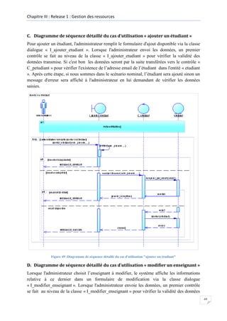 Chapitre III : Release 1 : Gestion des ressources

C. Diagramme de séquence détaillé du cas d’utilisation « ajouter un étudiant »
Pour ajouter un étudiant, l'administrateur remplit le formulaire d'ajout disponible via la classe
dialogue « I_ajouter_etudiant ». Lorsque l'administrateur envoi les données, un premier
contrôle se fait au niveau de la classe « I_ajouter_etudiant » pour vérifier la validité des
données transmise. Si c'est bon les données seront par la suite transférées vers le contrôle «
C_petudiant » pour vérifier l'existence de l’adresse email de l’étudiant dans l'entité « etudiant
». Après cette étape, si nous sommes dans le scénario nominal, l’étudiant sera ajouté sinon un
message d'erreur sera affiché à l'administrateur en lui demandant de vérifier les données
saisies.

Figure 49 :Diagramme de séquence détaillé du cas d'utilisation "ajouter un étudiant"

D. Diagramme de séquence détaillé du cas d’utilisation « modifier un enseignant »
Lorsque l'administrateur choisit l’enseignant à modifier, le système affiche les informations
relative à ce dernier dans un formulaire de modification via la classe dialogue
« I_modifier_enseignant ». Lorsque l'administrateur envoie les données, un premier contrôle
se fait au niveau de la classe « I_modifier_enseignant » pour vérifier la validité des données
69

 