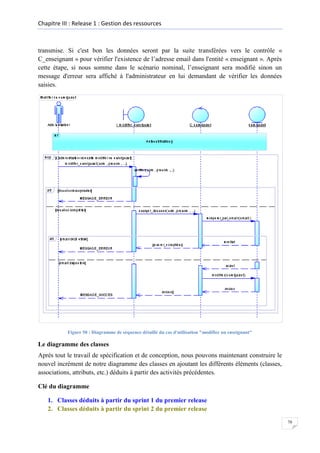 Chapitre III : Release 1 : Gestion des ressources

transmise. Si c'est bon les données seront par la suite transférées vers le contrôle «
C_enseignant » pour vérifier l'existence de l’adresse email dans l'entité « enseignant ». Après
cette étape, si nous somme dans le scénario nominal, l’enseignant sera modifié sinon un
message d'erreur sera affiché à l'administrateur en lui demandant de vérifier les données
saisies.

Figure 50 : Diagramme de séquence détaillé du cas d'utilisation "modifier un enseignant"

Le diagramme des classes
Après tout le travail de spécification et de conception, nous pouvons maintenant construire le
nouvel incrément de notre diagramme des classes en ajoutant les différents éléments (classes,
associations, attributs, etc.) déduits à partir des activités précédentes.
Clé du diagramme
1. Classes déduits à partir du sprint 1 du premier release
2. Classes déduits à partir du sprint 2 du premier release
70

 