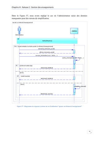 Chapitre III : Release 2 : Gestion des enseignements

Dans la Figure 57, nous avons négligé le cas où l’administrateur saisie des données
manquantes pour des raisons de simplification.

Figure 57 : Diagramme de séquence système du cas d'utilisation "ajouter un élément d'enseignement"

86

 