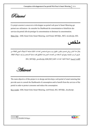 Conception et développement d’un portail Web Pour le Smart Metering 2016
1
DAHECH Hajer
Résumé
Ce projet consiste à concevoir et développer un portail web pour le Smart Metering qui
permet aux utilisateurs de consulter les Dashboard de consommation et bénéficier des
services du portail afin de protéger le consommateur et diminuer la consommation.
Mots Clés : AMI, Smart Grid, Smart Metering, web Portal, MYSQL, JSF2, JavaScript, JEE.
‫ملخص‬
‫تصميم‬ ‫في‬ ‫المشروع‬ ‫هذا‬ ‫يتمثل‬‫تطبيق‬ ‫وتطوير‬‫ل‬ ‫يسمح‬ ‫ويب‬‫عن‬ ‫للطاقة‬ ‫الحيني‬ ‫االستهالك‬ ‫بمتابعة‬ ‫الذكية‬ ‫العدادات‬ ‫مستخدمي‬
‫البيانية‬ ‫الرسوم‬ ‫طريق‬‫لهم‬ ‫ويتيح‬‫ال‬ ‫الخدمات‬ ‫من‬ ‫االستفادة‬‫معروضة‬‫استهال‬ ‫وترشيد‬ ‫المستخدم‬ ‫حماية‬ ‫قصد‬ ‫بالتطبيق‬‫الطاقة‬ ‫ك‬
JEE, MYSQL ,javaScript,AMI,JSF2,‫الذكية‬ ‫العدادات‬ ،‫الذكية‬ ‫الشبكة‬ :‫الرئيسية‬ ‫الكلمات‬
Abstract
The main objective of this project is to design and develop a web portal of smart metering that
provide users to consult the Dashboards of consumption and to benefit from the services of the
portal in order to protect consumer and reduce the consumption.
Key words: AMI, Smart Grid, Smart Metering, web Portal, JEE, MYSQL, JavaScript.
 