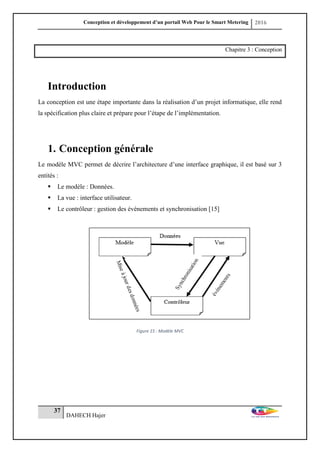 Conception et développement d’un portail Web Pour le Smart Metering 2016
37
DAHECH Hajer
Chapitre 3 : Conception
Introduction
La conception est une étape importante dans la réalisation d’un projet informatique, elle rend
la spécification plus claire et prépare pour l’étape de l’implémentation.
1. Conception générale
Le modèle MVC permet de décrire l’architecture d’une interface graphique, il est basé sur 3
entités :
 Le modèle : Données.
 La vue : interface utilisateur.
 Le contrôleur : gestion des événements et synchronisation [15]
Figure 15 : Modèle MVC
 