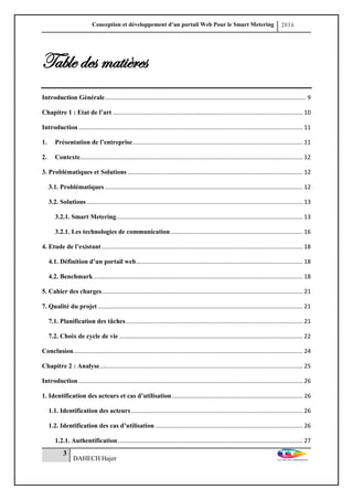 Conception et développement d’un portail Web Pour le Smart Metering 2016
3
DAHECH Hajer
Table des matières
Introduction Générale........................................................................................................................... 9
Chapitre 1 : Etat de l’art .................................................................................................................... 10
Introduction ......................................................................................................................................... 11
1. Présentation de l’entreprise........................................................................................................ 11
2. Contexte........................................................................................................................................ 12
3. Problématiques et Solutions ........................................................................................................... 12
3.1. Problématiques......................................................................................................................... 12
3.2. Solutions .................................................................................................................................... 13
3.2.1. Smart Metering.................................................................................................................. 13
3.2.1. Les technologies de communication................................................................................. 16
4. Etude de l’existant........................................................................................................................... 18
4.1. Définition d’un portail web...................................................................................................... 18
4.2. Benchmark................................................................................................................................ 18
5. Cahier des charges........................................................................................................................... 21
7. Qualité du projet ............................................................................................................................. 21
7.1. Planification des tâches............................................................................................................ 21
7.2. Choix de cycle de vie ................................................................................................................ 22
Conclusion............................................................................................................................................ 24
Chapitre 2 : Analyse............................................................................................................................ 25
Introduction ......................................................................................................................................... 26
1. Identification des acteurs et cas d’utilisation................................................................................ 26
1.1. Identification des acteurs......................................................................................................... 26
1.2. Identification des cas d’utilisation .......................................................................................... 26
1.2.1. Authentification................................................................................................................. 27
 