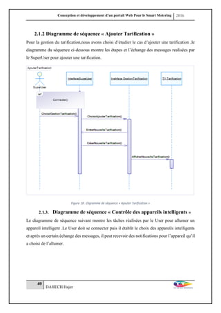 Conception et développement d’un portail Web Pour le Smart Metering 2016
40
DAHECH Hajer
2.1.2 Diagramme de séquence « Ajouter Tarification »
Pour la gestion du tarification,nous avons choisi d’étudier le cas d’ajouter une tarification ,le
diagramme du séquence ci-dessous montre les étapes et l’échange des messages realisées par
le SuperUser pour ajouter une tarification.
Figure 18 : Digramme de séquence « Ajouter Tarification »
2.1.3. Diagramme de séquence « Contrôle des appareils intelligents »
Le diagramme de séquence suivant montre les tâches réalisées par le User pour allumer un
appareil intelligent .Le User doit se connecter puis il établit le choix des appareils intelligents
et après un certain échange des messages, il peut recevoir des notifications pour l’appareil qu’il
a choisi de l’allumer.
 