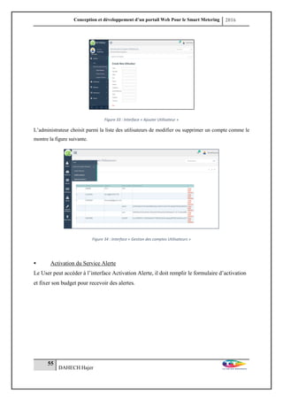 Conception et développement d’un portail Web Pour le Smart Metering 2016
55
DAHECH Hajer
Figure 33 : Interface « Ajouter Utilisateur »
L’administrateur choisit parmi la liste des utilisateurs de modifier ou supprimer un compte comme le
montre la figure suivante.
Figure 34 : Interface « Gestion des comptes Utilisateurs »
 Activation du Service Alerte
Le User peut accéder à l’interface Activation Alerte, il doit remplir le formulaire d’activation
et fixer son budget pour recevoir des alertes.
 