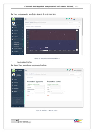 Conception et développement d’un portail Web Pour le Smart Metering 2016
57
DAHECH Hajer
Le User peut consulter les alertes à partir de cette interface.
Figure 37 : Interface « Consultation Alerte »
 Gestion des Alertes
Le Super User peut ajouter une nouvelle alerte.
Figure 38 : Interface « Ajouter Alerte »
 