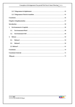 Conception et développement d’un portail Web Pour le Smart Metering 2016
5
DAHECH Hajer
2.1.7. Diagramme de déploiement.............................................................................................. 45
2.1.7. Diagramme d’état de transition ....................................................................................... 45
Conclusion............................................................................................................................................ 46
Chapitre 4:Implémentation................................................................................................................ 47
Introduction ......................................................................................................................................... 48
1. Environnement et Logiciels ........................................................................................................ 48
1.1. Environnement Hard .......................................................................................................... 48
1.2. Environnement Soft ............................................................................................................ 48
2. Release.......................................................................................................................................... 50
2.1. Release1................................................................................................................................ 50
2.2. Release2................................................................................................................................ 58
2.3. Release3..................................................................................................................................... 62
Conclusion............................................................................................................................................ 70
Conclusion Générale ........................................................................................................................... 71
Bibliographie ............................................................................................................................................... 72
 