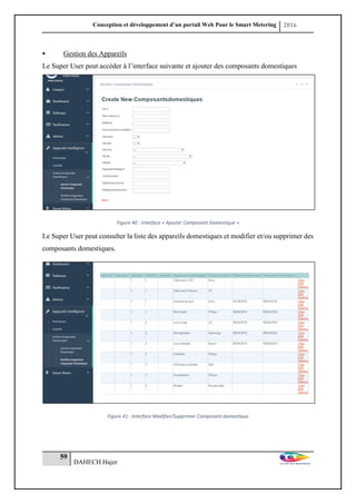 Conception et développement d’un portail Web Pour le Smart Metering 2016
59
DAHECH Hajer
 Gestion des Appareils
Le Super User peut accéder à l’interface suivante et ajouter des composants domestiques
Figure 40 : Interface « Ajouter Composant Domestique »
Le Super User peut consulter la liste des appareils domestiques et modifier et/ou supprimer des
composants domestiques.
Figure 41 : Interface Modifier/Supprimer Composant domestique
 