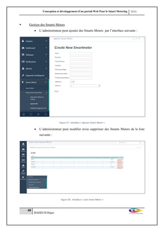 Conception et développement d’un portail Web Pour le Smart Metering 2016
68
DAHECH Hajer
 Gestion des Smarts Meters
 L’administrateur peut ajouter des Smarts Meters par l’interface suivante :
Figure 57 : Interface « Ajouter Smart Meter »
 L’administrateur peut modifier et/ou supprimer des Smarts Meters de la liste
suivante :
Figure 58 : Interface « Liste Smart Meter »
 