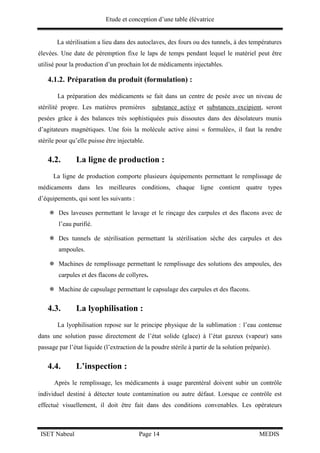 Etude et conception d’une table élévatrice
ISET Nabeul Page 14 MEDIS
La stérilisation a lieu dans des autoclaves, des fours ou des tunnels, à des températures
élevées. Une date de péremption fixe le laps de temps pendant lequel le matériel peut être
utilisé pour la production d’un prochain lot de médicaments injectables.
4.1.2. Préparation du produit (formulation) :
La préparation des médicaments se fait dans un centre de pesée avec un niveau de
stérilité propre. Les matières premières substance active et substances excipient, seront
pesées grâce à des balances très sophistiquées puis dissoutes dans des désolateurs munis
d’agitateurs magnétiques. Une fois la molécule active ainsi « formulée», il faut la rendre
stérile pour qu’elle puisse être injectable.
4.2. La ligne de production :
La ligne de production comporte plusieurs équipements permettant le remplissage de
médicaments dans les meilleures conditions, chaque ligne contient quatre types
d’équipements, qui sont les suivants :
 Des laveuses permettant le lavage et le rinçage des carpules et des flacons avec de
l’eau purifié.
 Des tunnels de stérilisation permettant la stérilisation sèche des carpules et des
ampoules.
 Machines de remplissage permettant le remplissage des solutions des ampoules, des
carpules et des flacons de collyres.
 Machine de capsulage permettant le capsulage des carpules et des flacons.
4.3. La lyophilisation :
La lyophilisation repose sur le principe physique de la sublimation : l’eau contenue
dans une solution passe directement de l’état solide (glace) à l’état gazeux (vapeur) sans
passage par l’état liquide (l’extraction de la poudre stérile à partir de la solution préparée).
4.4. L’inspection :
Après le remplissage, les médicaments à usage parentéral doivent subir un contrôle
individuel destiné à détecter toute contamination ou autre défaut. Lorsque ce contrôle est
effectué visuellement, il doit être fait dans des conditions convenables. Les opérateurs
 