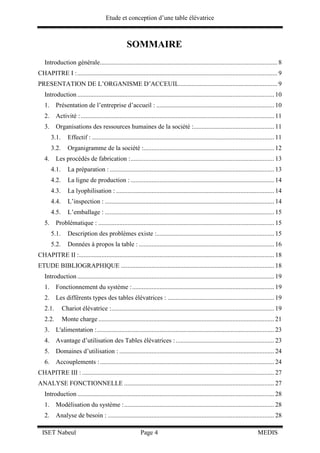 Etude et conception d’une table élévatrice
ISET Nabeul Page 4 MEDIS
SOMMAIRE
Introduction générale.............................................................................................................. 8
CHAPITRE I :............................................................................................................................ 9
PRESENTATION DE L’ORGANISME D’ACCEUIL............................................................. 9
Introduction .......................................................................................................................... 10
1. Présentation de l’entreprise d’accueil : ......................................................................... 10
2. Activité :........................................................................................................................ 11
3. Organisations des ressources humaines de la société :.................................................. 11
3.1. Effectif : ................................................................................................................. 11
3.2. Organigramme de la société :................................................................................. 12
4. Les procédés de fabrication :......................................................................................... 13
4.1. La préparation :...................................................................................................... 13
4.2. La ligne de production : ......................................................................................... 14
4.3. La lyophilisation : .................................................................................................. 14
4.4. L’inspection : ......................................................................................................... 14
4.5. L’emballage : ......................................................................................................... 15
5. Problématique : ............................................................................................................. 15
5.1. Description des problèmes existe :......................................................................... 15
5.2. Données à propos la table : .................................................................................... 16
CHAPITRE II :......................................................................................................................... 18
ETUDE BIBLIOGRAPHIQUE ............................................................................................... 18
Introduction .......................................................................................................................... 19
1. Fonctionnement du système :........................................................................................ 19
2. Les différents types des tables élévatrices : .................................................................. 19
2.1. Chariot élévatrice :..................................................................................................... 19
2.2. Monte charge ............................................................................................................. 21
3. L'alimentation :.............................................................................................................. 23
4. Avantage d’utilisation des Tables élévatrices :............................................................. 23
5. Domaines d’utilisation : ................................................................................................ 24
6. Accouplements :............................................................................................................ 24
CHAPITRE III : ....................................................................................................................... 27
ANALYSE FONCTIONNELLE ............................................................................................. 27
Introduction .......................................................................................................................... 28
1. Modélisation du système :............................................................................................. 28
2. Analyse de besoin : ....................................................................................................... 28
 