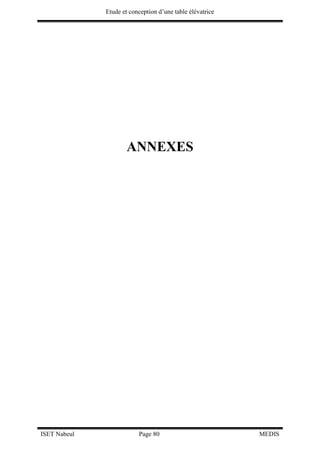 Etude et conception d’une table élévatrice
ISET Nabeul Page 80 MEDIS
ANNEXES
 