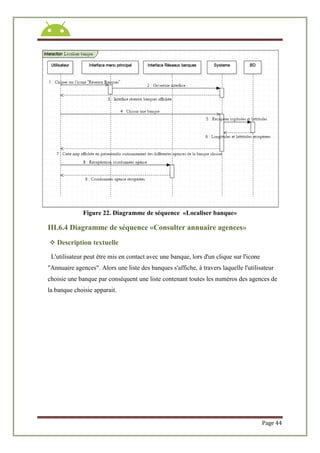 Page 44
Figure 22. Diagramme de séquence «Localiser banque»
III.6.4 Diagramme de séquence «Consulter annuaire agences»
 Description textuelle
L'utilisateur peut être mis en contact avec une banque, lors d'un clique sur l'icone
"Annuaire agences". Alors une liste des banques s'affiche, à travers laquelle l'utilisateur
choisie une banque par conséquent une liste contenant toutes les numéros des agences de
la banque choisie apparait.
 