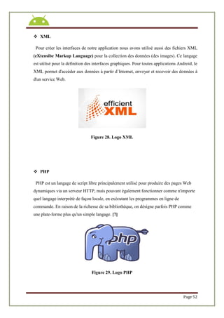 Page 52
 XML
Pour créer les interfaces de notre application nous avons utilisé aussi des fichiers XML
(eXtensibe Markup Language) pour la collection des données (des images). Ce langage
est utilisé pour la définition des interfaces graphiques. Pour toutes applications Android, le
XML permet d'accéder aux données à partir d’Internet, envoyer et recevoir des données à
d'un service Web.
Figure 28. Logo XML
 PHP
PHP est un langage de script libre principalement utilisé pour produire des pages Web
dynamiques via un serveur HTTP, mais pouvant également fonctionner comme n'importe
quel langage interprété de façon locale, en exécutant les programmes en ligne de
commande. En raison de la richesse de sa bibliothèque, on désigne parfois PHP comme
une plate-forme plus qu'un simple langage. [7]
Figure 29. Logo PHP
 
