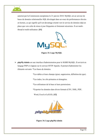 Page 55
autorisé par la Commission européenne le 21 janvier 2010. MySQL est un serveur de
bases de données relationnelles SQL développé dans un souci de performances élevées
en lecture, ce qui signifie qu'il est davantage orienté vers le service de données déjà en
place que vers celui de mises à jour fréquentes et fortement sécurisées. Il est multi-
thread et multi-utilisateur. [11]
Figure 33. Logo MySQL
 phpMyAdmin est une interface d'administration pour le SGBD MySQL. Il est écrit en
langage PHP et s'appuie sur le serveur HTTP Apache. Il permet d'administrer les
éléments suivants: *Les bases de données.
*Les tables et leurs champs (ajout, suppression, définition du type).
*Les index, les clés primaires et étrangères.
*Les utilisateurs de la base et leurs permissions.
*Exporter les données dans divers formats (CSV, XML, PDF,
Word, Excel et LaTeX). [12]
Figure 34. Logo phpMyAdmin
 