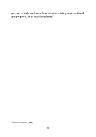 50
par eux, en s'adressant naturellement à des experts, groupes de travail,
groupes projet...et en mode asynchrone.24
24
Source : Charreire (2000)
 