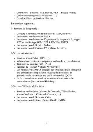 72
 Opérateurs Télécoms : fixe, mobile, VSAT, Boucle locale ;
 Opérateurs émergeants : revendeurs, …;
 Grand public et professions libérales.
Les services supportés :
1- Services de Téléphonie :
 Collecte et terminaison de trafic sur IP (voix, données)
 Interconnexion de réseaux PABX
 Interconnexion de réseaux d’opérateurs de téléphonie fixe type
RTC et mobile type GSM, GPRS, EDGE et UMTS
 Interconnexion de Service Audiotel
 Interconnexion de Centres d’Appels (call centers)
2-Services de données :
 Services à haut Débit (ADSL…).
 Wholesalers (vente en gros) pour providers de services Internet
 Transport de données (x25, IP,…)
 Services de Réseaux Virtuels Privés (VPN)
 Les réseaux VPN/MPLS assurent des livraisons multi-sites pour
une entreprise selon plusieurs niveaux de hiérarchie, en
garantissant la sécurité et une qualité de service (QOS)
 La livraison d’autres services provenant d’une passerelle
internationale (international GateWay)
3-Services Vidéo & Multimédias :
 Services multimédias (Vidéo à la Demande, Télémédecine,
Vidéo Conférence, Centres de Contacts, …)
 Interconnexion de Serveurs Vidéo
 Interconnexion de futurs réseaux (WAP, UMTS)
 