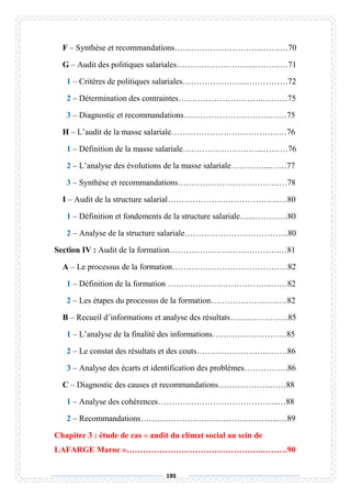 105
F – Synthèse et recommandations…………………………...………70
G – Audit des politiques salariales………………………..…………71
1 – Critères de politiques salariales…………………...……………72
2 – Détermination des contraintes………………………….………75
3 – Diagnostic et recommandations…………………………..……75
H – L’audit de la masse salariale……………………………………76
1 – Définition de la masse salariale………………………...………76
2 – L’analyse des évolutions de la masse salariale…………...……77
3 – Synthèse et recommandations……………………………….…78
I – Audit de la structure salarial…………………………………..…80
1 – Définition et fondements de la structure salariale…..………….80
2 – Analyse de la structure salariale………………………………..80
Section IV : Audit de la formation………………………………….…81
A – Le processus de la formation……………………………………82
1 – Définition de la formation ………………………………..……82
2 – Les étapes du processus de la formation………….……………82
B – Recueil d’informations et analyse des résultats……..…………..85
1 – L’analyse de la finalité des informations………………………85
2 – Le constat des résultats et des couts……………………………86
3 – Analyse des écarts et identification des problèmes…………….86
C – Diagnostic des causes et recommandations……………….……88
1 – Analyse des cohérences……………………………………..…88
2 – Recommandations…………………………………………...…89
Chapitre 3 : étude de cas « audit du climat social au sein de
LAFARGE Maroc »…………………………………………..………90
 