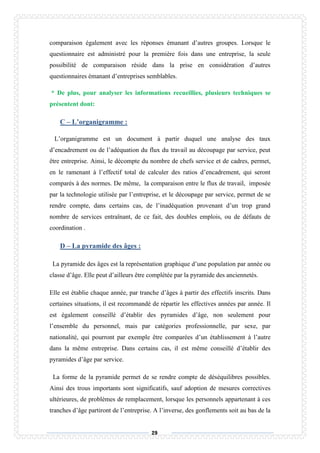 29
comparaison également avec les réponses émanant d’autres groupes. Lorsque le
questionnaire est administré pour la première fois dans une entreprise, la seule
possibilité de comparaison réside dans la prise en considération d’autres
questionnaires émanant d’entreprises semblables.
* De plus, pour analyser les informations recueillies, plusieurs techniques se
présentent dont:
C – L’organigramme :
L’organigramme est un document à partir duquel une analyse des taux
d’encadrement ou de l’adéquation du flux du travail au découpage par service, peut
être entreprise. Ainsi, le décompte du nombre de chefs service et de cadres, permet,
en le ramenant à l’effectif total de calculer des ratios d’encadrement, qui seront
comparés à des normes. De même, la comparaison entre le flux de travail, imposée
par la technologie utilisée par l’entreprise, et le découpage par service, permet de se
rendre compte, dans certains cas, de l’inadéquation provenant d’un trop grand
nombre de services entraînant, de ce fait, des doubles emplois, ou de défauts de
coordination .
D – La pyramide des âges :
La pyramide des âges est la représentation graphique d’une population par année ou
classe d’âge. Elle peut d’ailleurs être complétée par la pyramide des anciennetés.
Elle est établie chaque année, par tranche d’âges à partir des effectifs inscrits. Dans
certaines situations, il est recommandé de répartir les effectives années par année. Il
est également conseillé d’établir des pyramides d’âge, non seulement pour
l’ensemble du personnel, mais par catégories professionnelle, par sexe, par
nationalité, qui pourront par exemple être comparées d’un établissement à l’autre
dans la même entreprise. Dans certains cas, il est même conseillé d’établir des
pyramides d’âge par service.
La forme de la pyramide permet de se rendre compte de déséquilibres possibles.
Ainsi des trous importants sont significatifs, sauf adoption de mesures correctives
ultérieures, de problèmes de remplacement, lorsque les personnels appartenant à ces
tranches d’âge partiront de l’entreprise. A l’inverse, des gonflements soit au bas de la
 