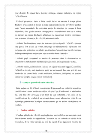 52
pour absence de longue durée (service militaire, longues maladies), on obtient
l’effectif inscrit.
L’effectif permanent, dans le bilan social inclut les salariés à temps pleins,
Titulaires d’un contrat de travail à durée indéterminée inscrits à l’effectif pendant
toute l’année considérée. En sont donc exclus les titulaires de contrats à durée
déterminée, ainsi que les salariés à temps partiel. Il conviendrait donc de ré inclure
ces derniers au prorata des heures effectuées par rapport aux horaires «normaux»,
pour avoir une idée exacte des effectifs permanents réels.
L’effectif fiscal comprend toutes les personnes qui ont figuré à l’effectif, à quelque
titre que ce soit, et qui, de ce fait, ont perçu une rémunération : cependant, sont
exclus de cette notion tous les salariés qui, titulaires d’un contrat de travail, n’ont pas,
du fait par exemple de suspensions, reçu un salaire durant l’exercice.
L’effectif payé correspond au nombre de personnes dont la rémunération est
totalement ou partiellement maintenue (congés payés, absences maladie inclus).
L’effectif présent, contrairement à ce que cet adjectif laisserait supposer, comprend
l’effectif au travail, mais également celui qui est occupé dans des activités non
habituelles de courte durée (visites médicales, infirmerie, délégation) ou pouvant
s’étaler sur une plus longue période (formation).
2 – Analyse quantitative des effectifs :
Cette analyse se fait d’abord en examinant le personnel par catégorie, ensuite en
considérant un certain nombre de critères tels que l’âge, l’ancienneté, la localisation,
etc. Elle peut être envisagée d’un point de vue instantané, c’est-à-dire en ne
considérant que les résultats à un moment donné, ou en adoptant un point de vue
dynamique, permettant d’expliquer les mouvements qui ont pu être à l’origine de ces
résultats.
• Analyse globale :
L’analyse globale des effectifs, envisagés dans leur totalité ou par catégorie, peut
être utilement menée en rapprochant l’évolution de ces derniers de celles de la
production, de la valeur ajoutée, du coût du capital. Il est également possible de
 